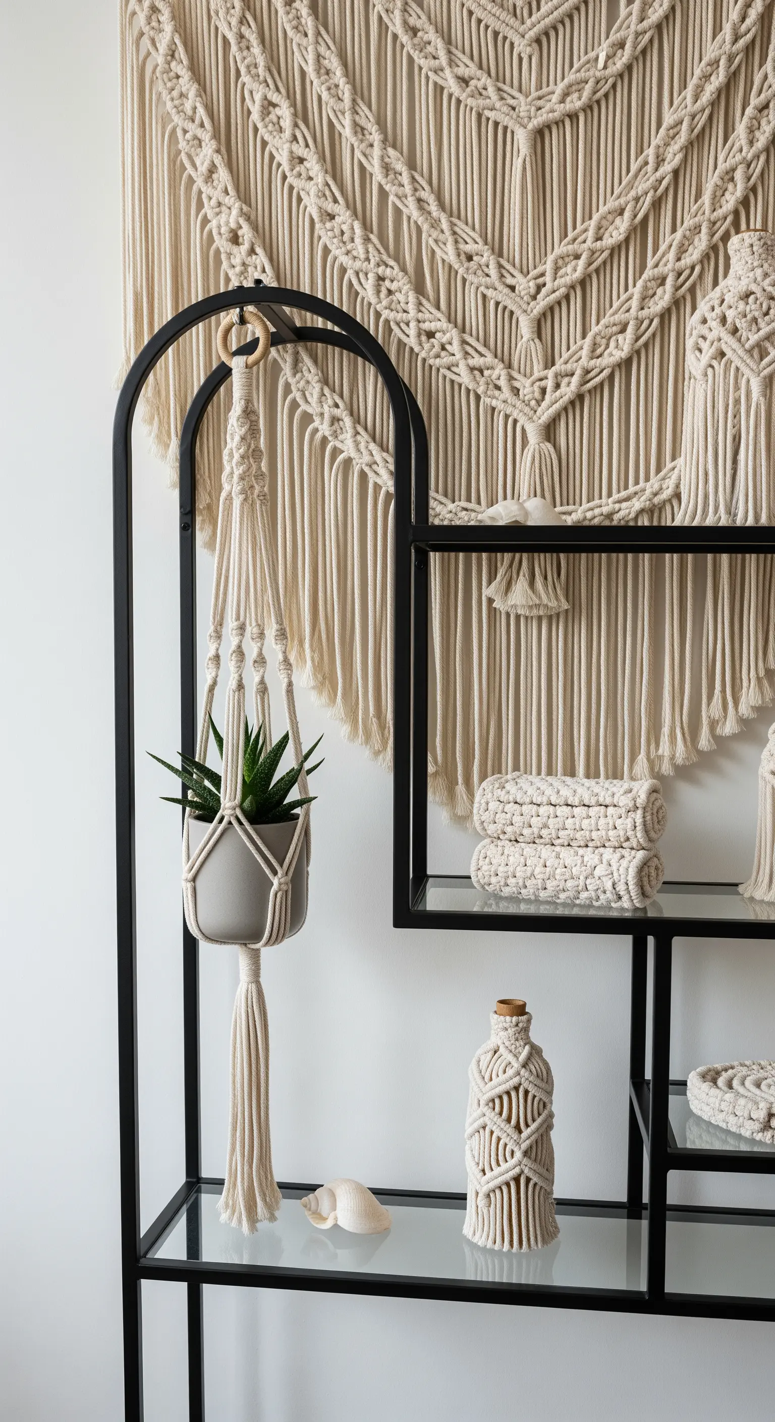 Schwarzes Metallregal vor einem großen Makramee-Wandbehang mit Pflanze und Deko.