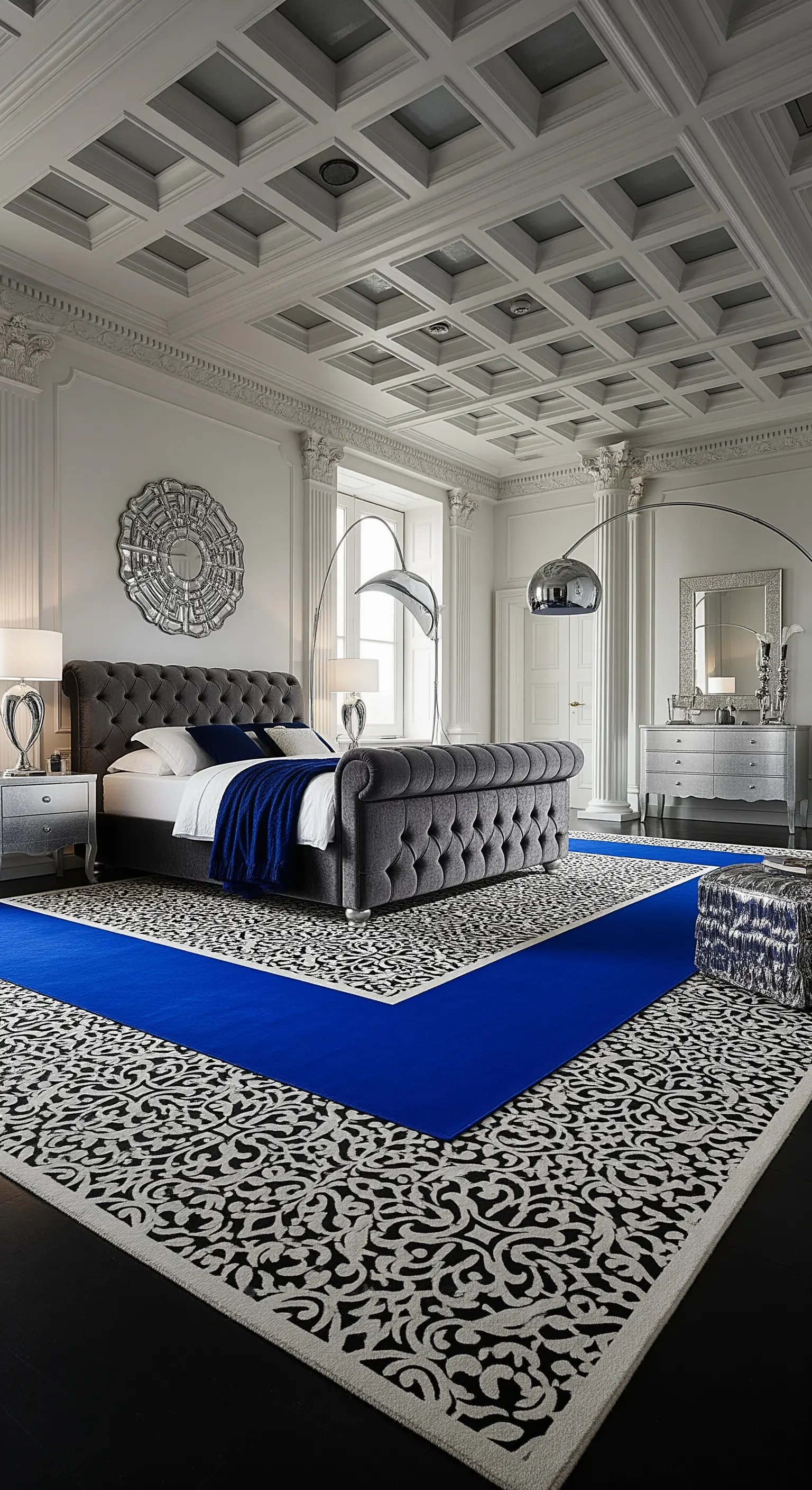 Glamouröses Schlafzimmer mit schwarz-weiß gemustertem Teppich und einem königsblauen Läufer