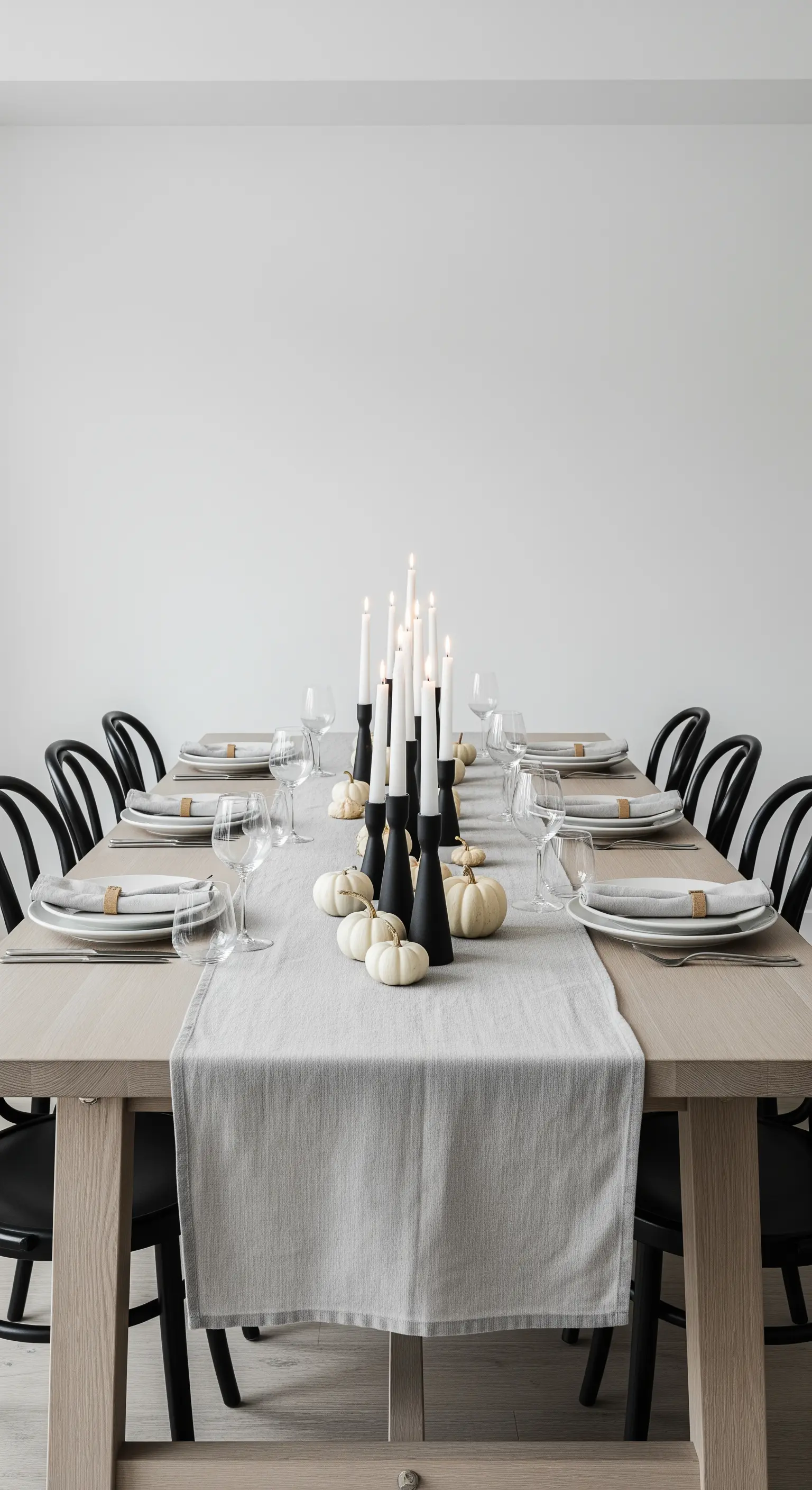 Esstisch mit schwarzen Kerzenhaltern, weißen Kürbissen und grauem Läufer