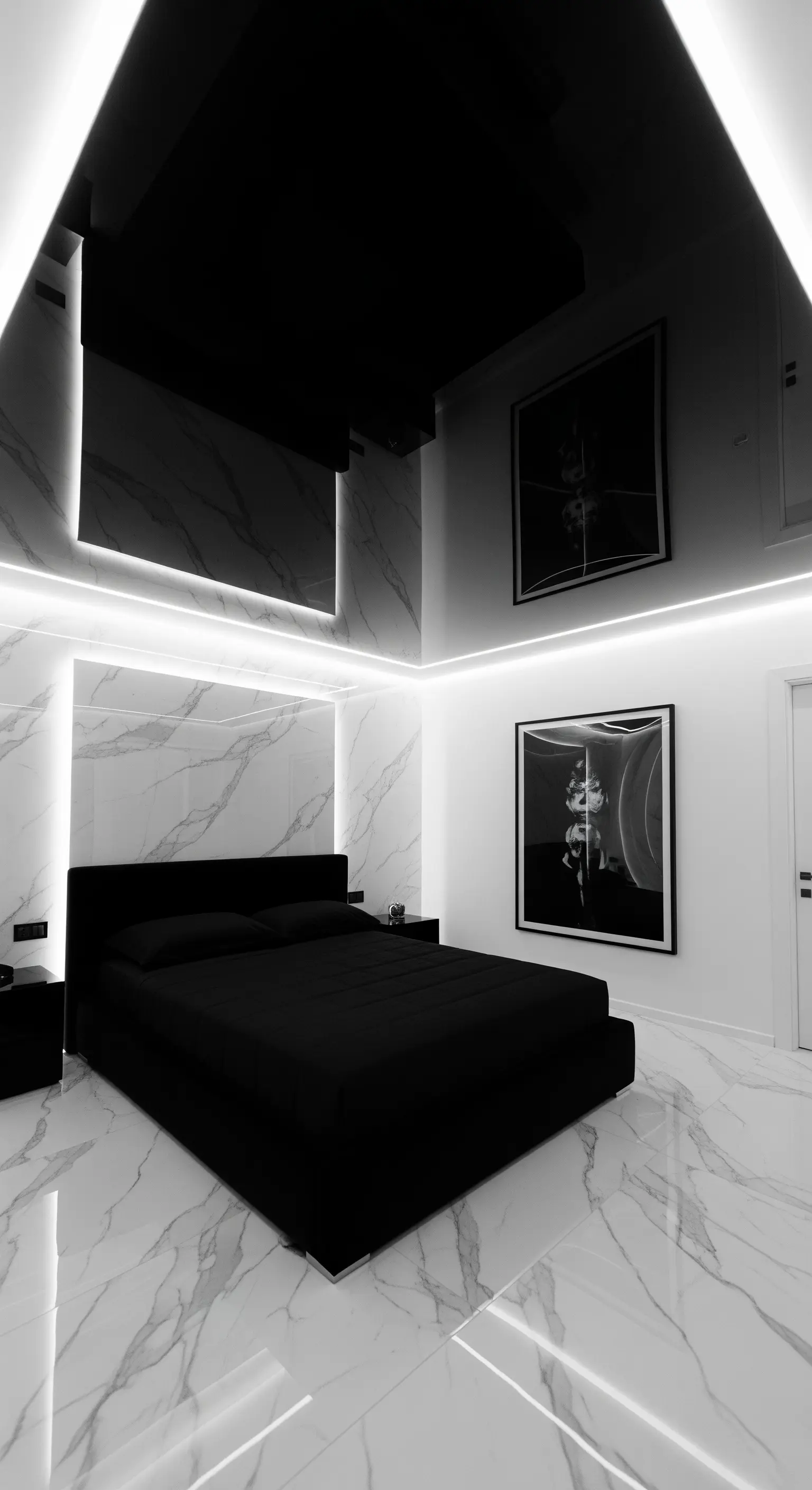 Modernes schwarz-weißes Schlafzimmer mit Marmorwänden und einer schwarzen Hochglanzdecke.