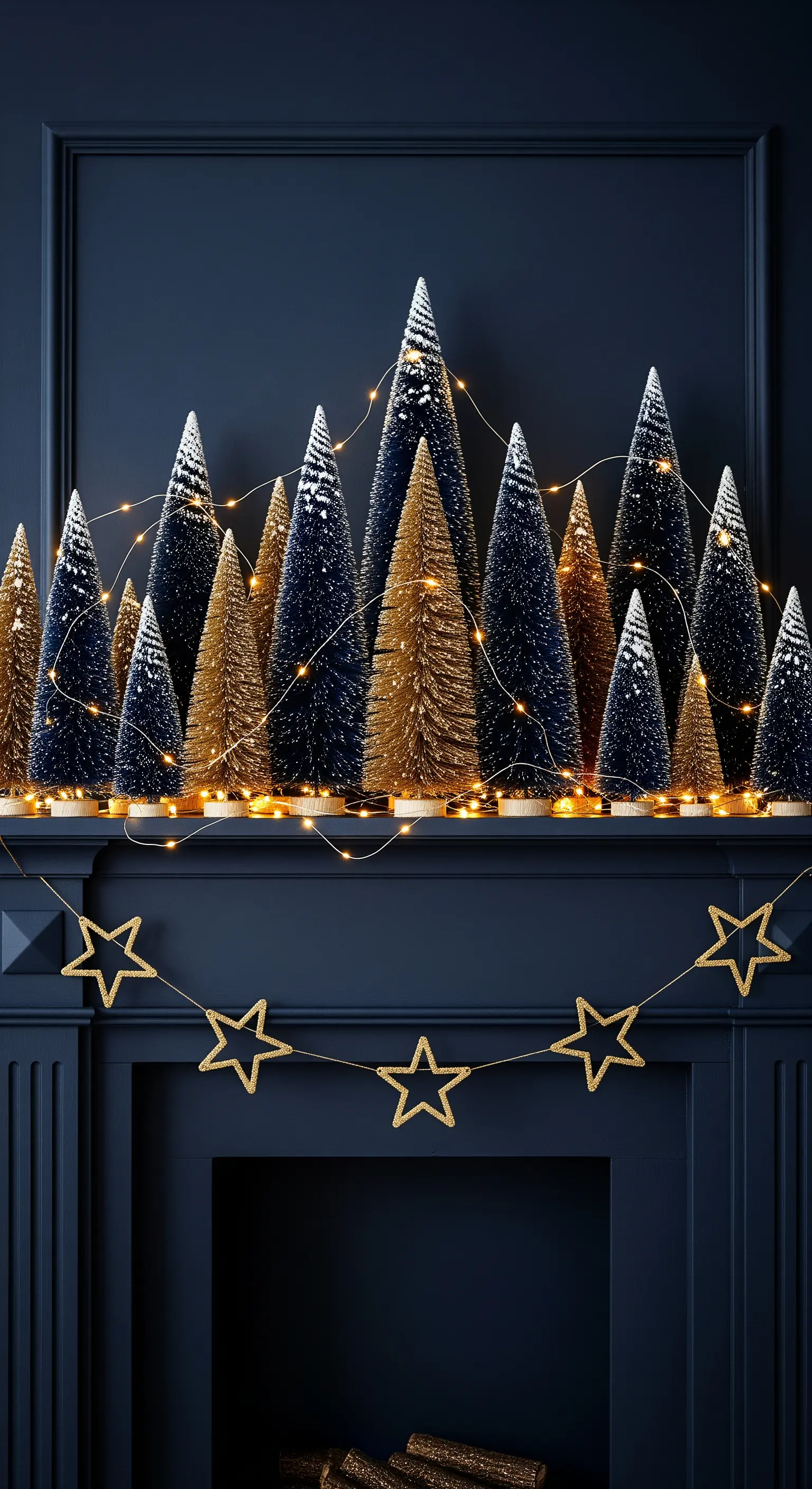 Mini-Tannenbäume in Dunkelblau und Gold auf einer dunklen Kaminumrandung.