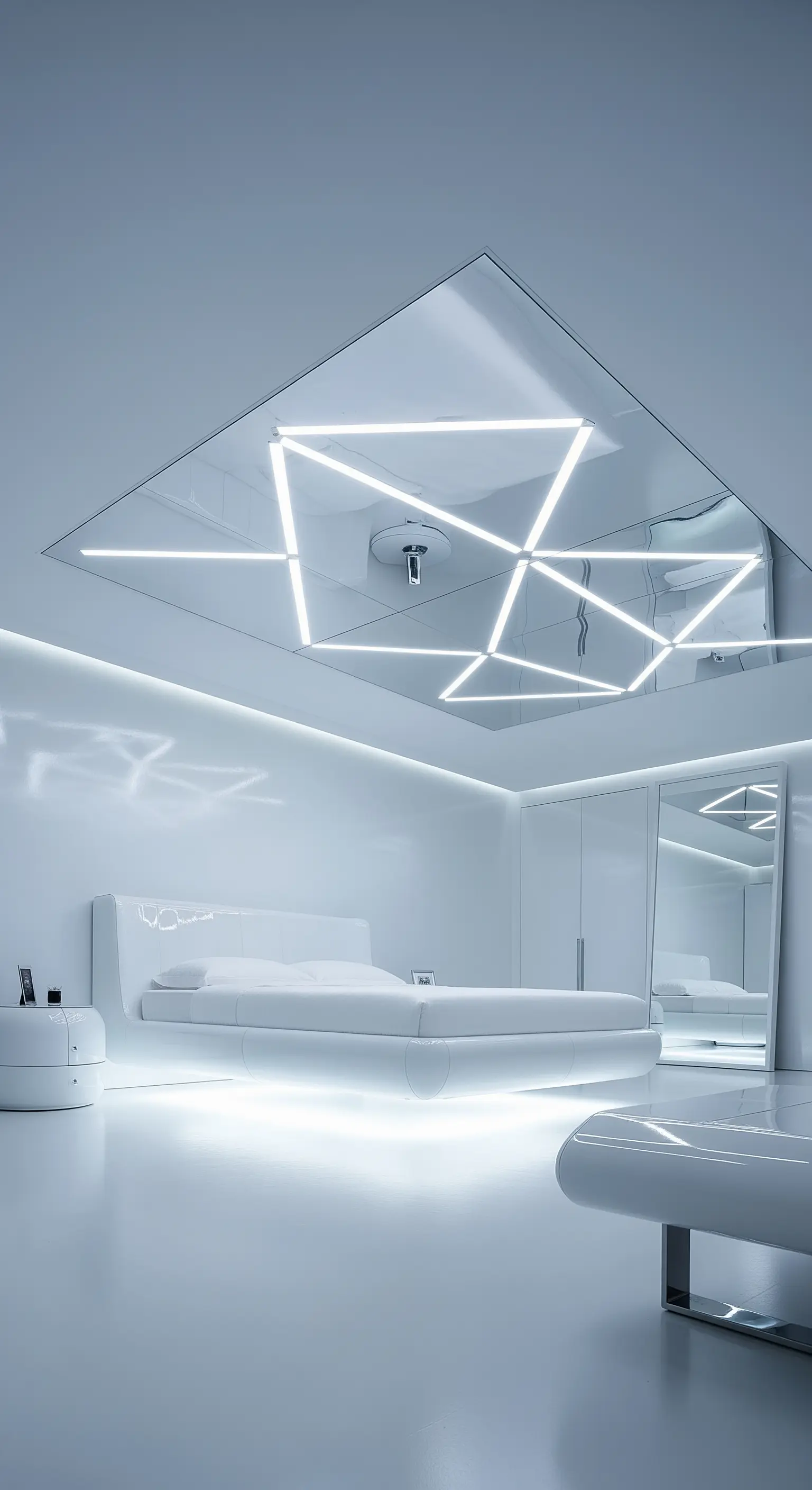Weißes, futuristisches Schlafzimmer mit geometrischen LED-Linien an einer verspiegelten Decke.