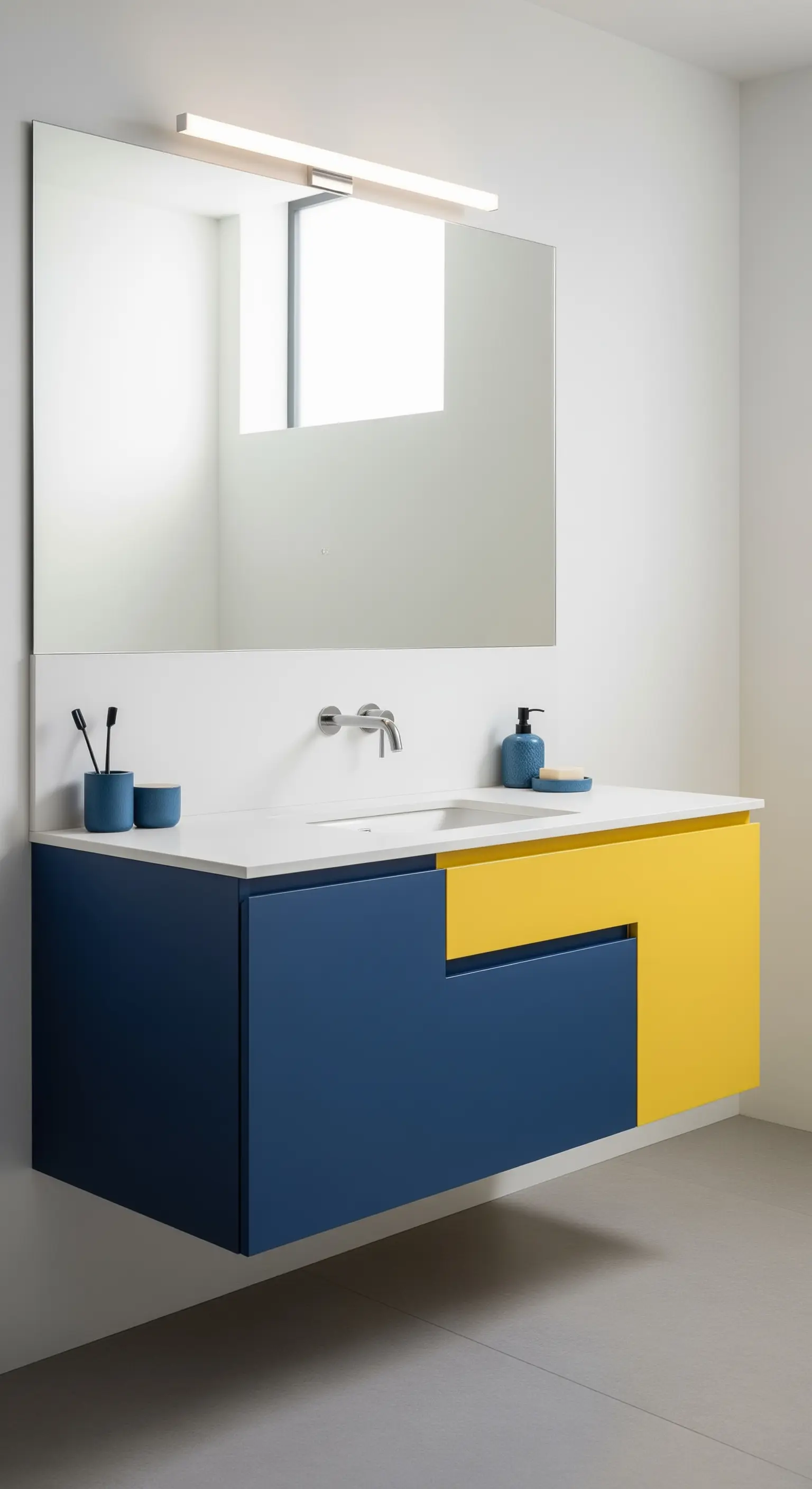 Schwebender Waschtisch mit geometrischem Color-Blocking in Blau und Gelb.