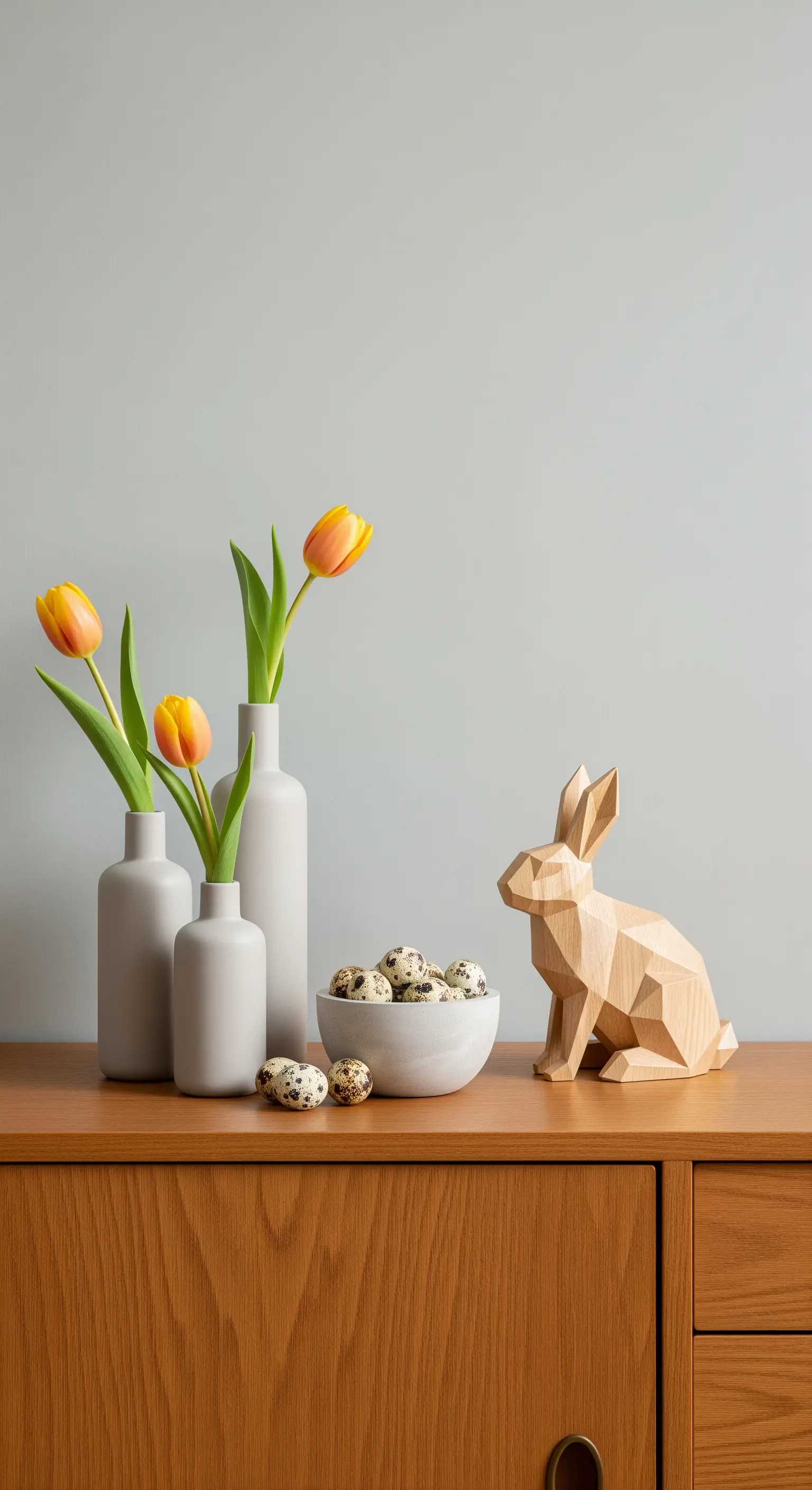 Sideboard-Deko mit Holzhase, Tulpen in schmalen Vasen und Wachteleiern vor grauer Wand.