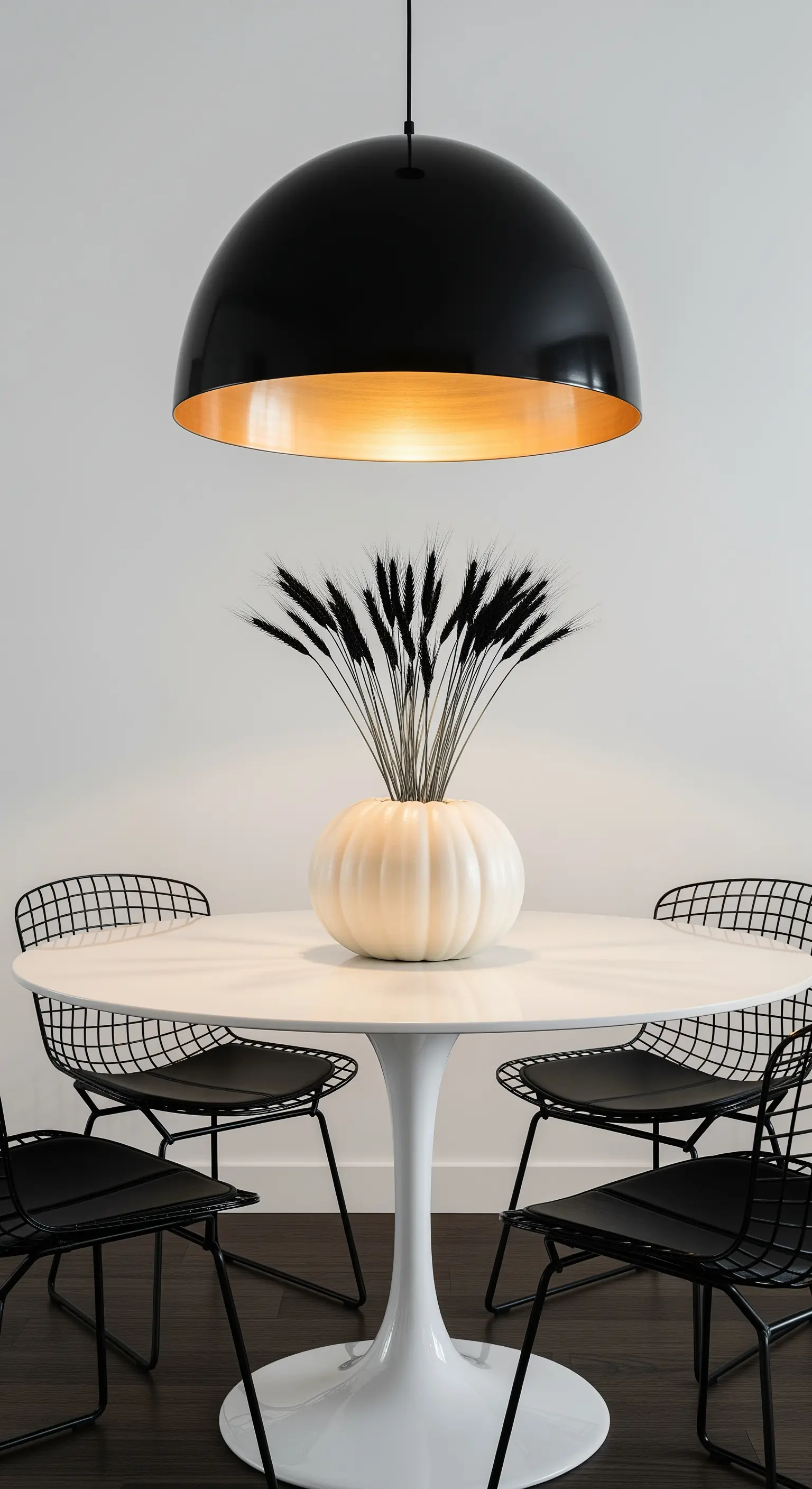 Esstisch mit weißem Kürbis als Vase und schwarzem Weizen