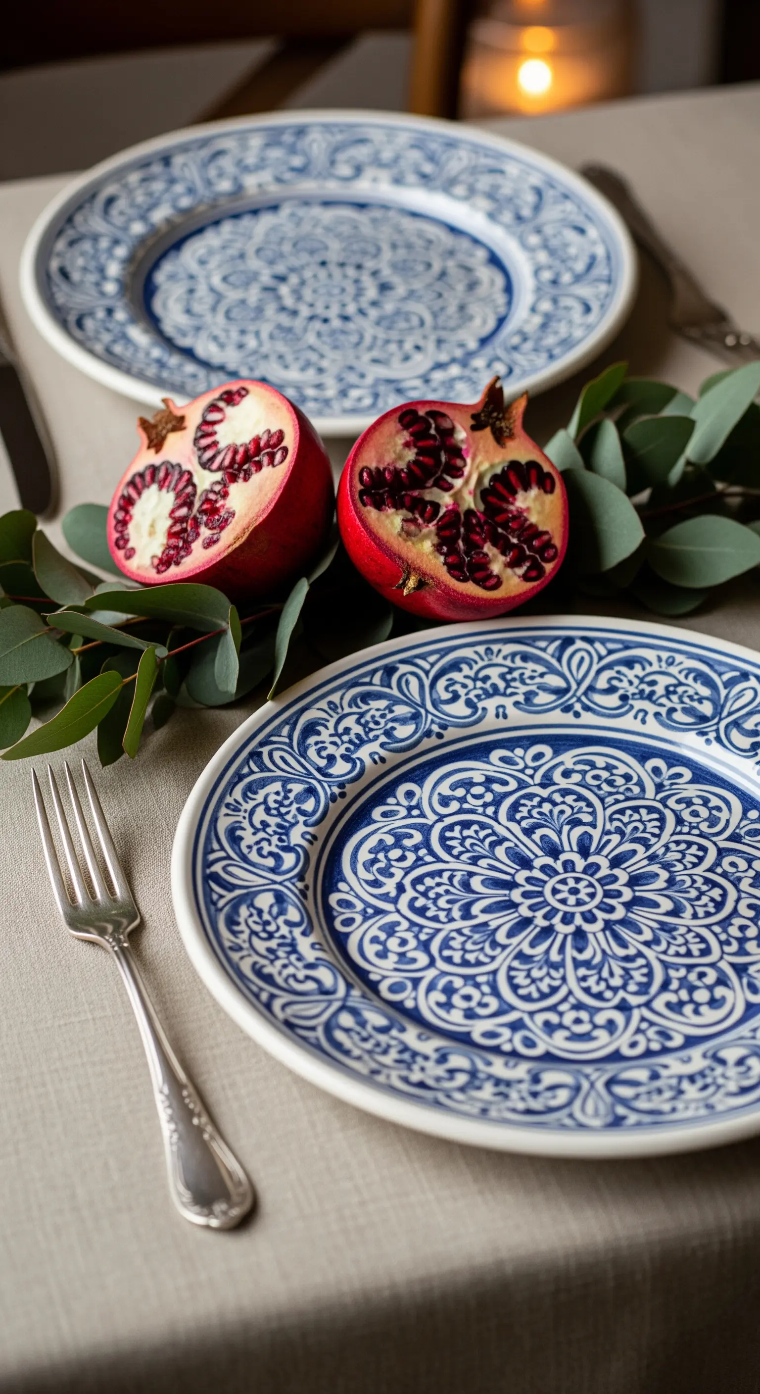 Tischdeko mit blau-weiß gemusterten Tellern, Granatäpfeln und Eukalyptus