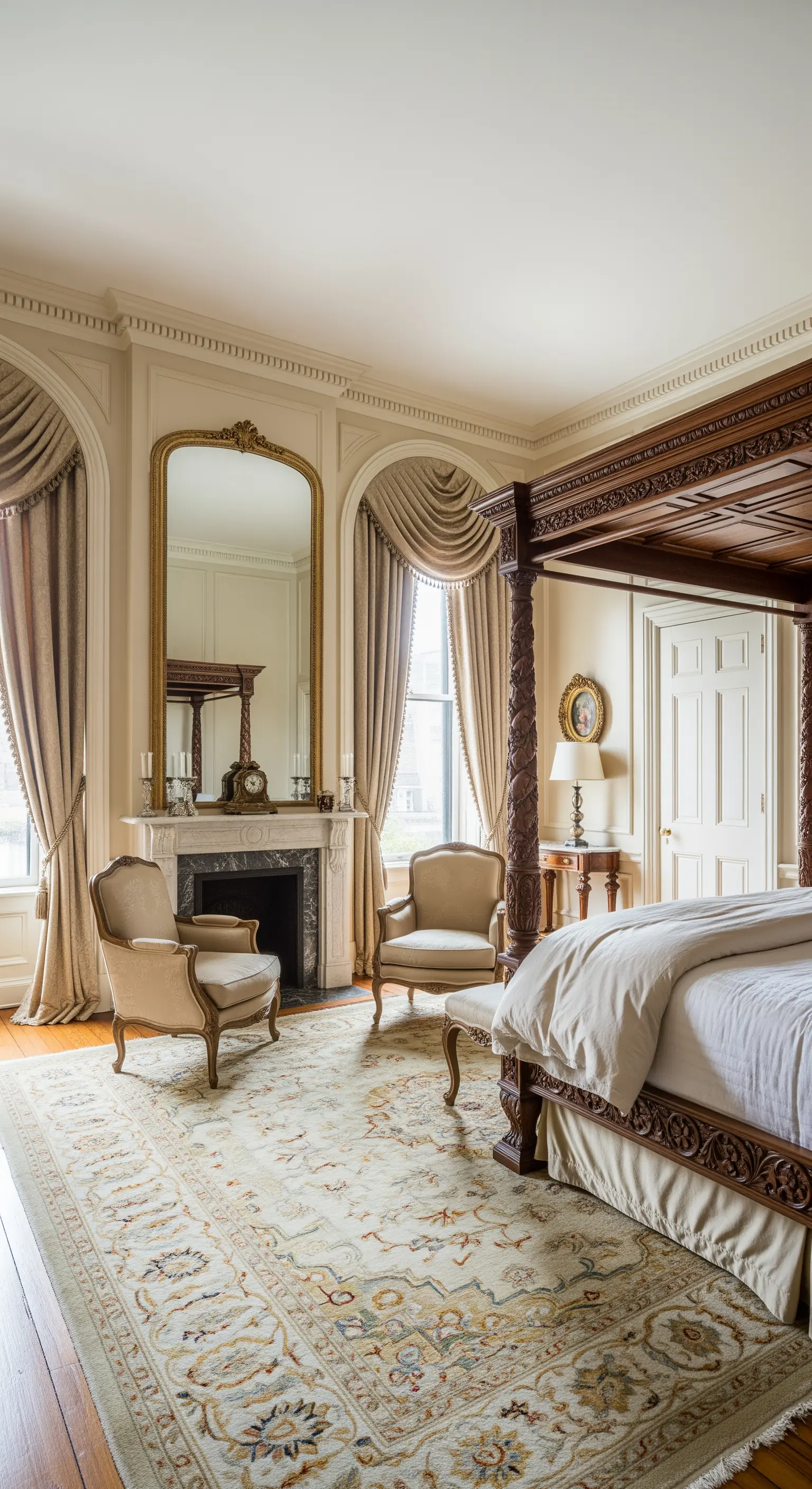 Elegantes Schlafzimmer mit hohem Himmelbett, Stuckdecke und symmetrisch drapierten Vorhängen.