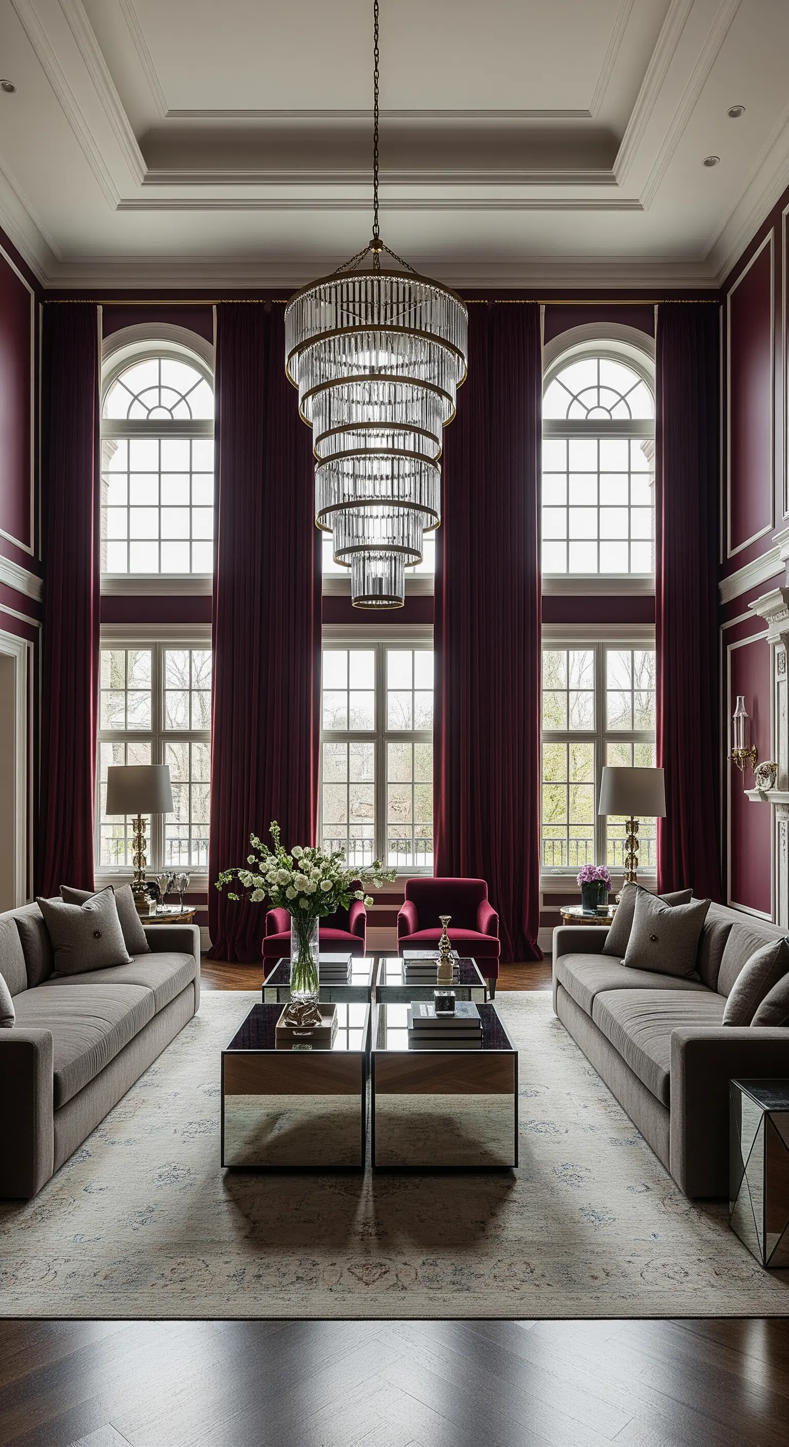 Ein großer Raum mit hohen Decken, burgunderroten Wänden und vom Boden bis zur Decke reichenden Vorhängen.