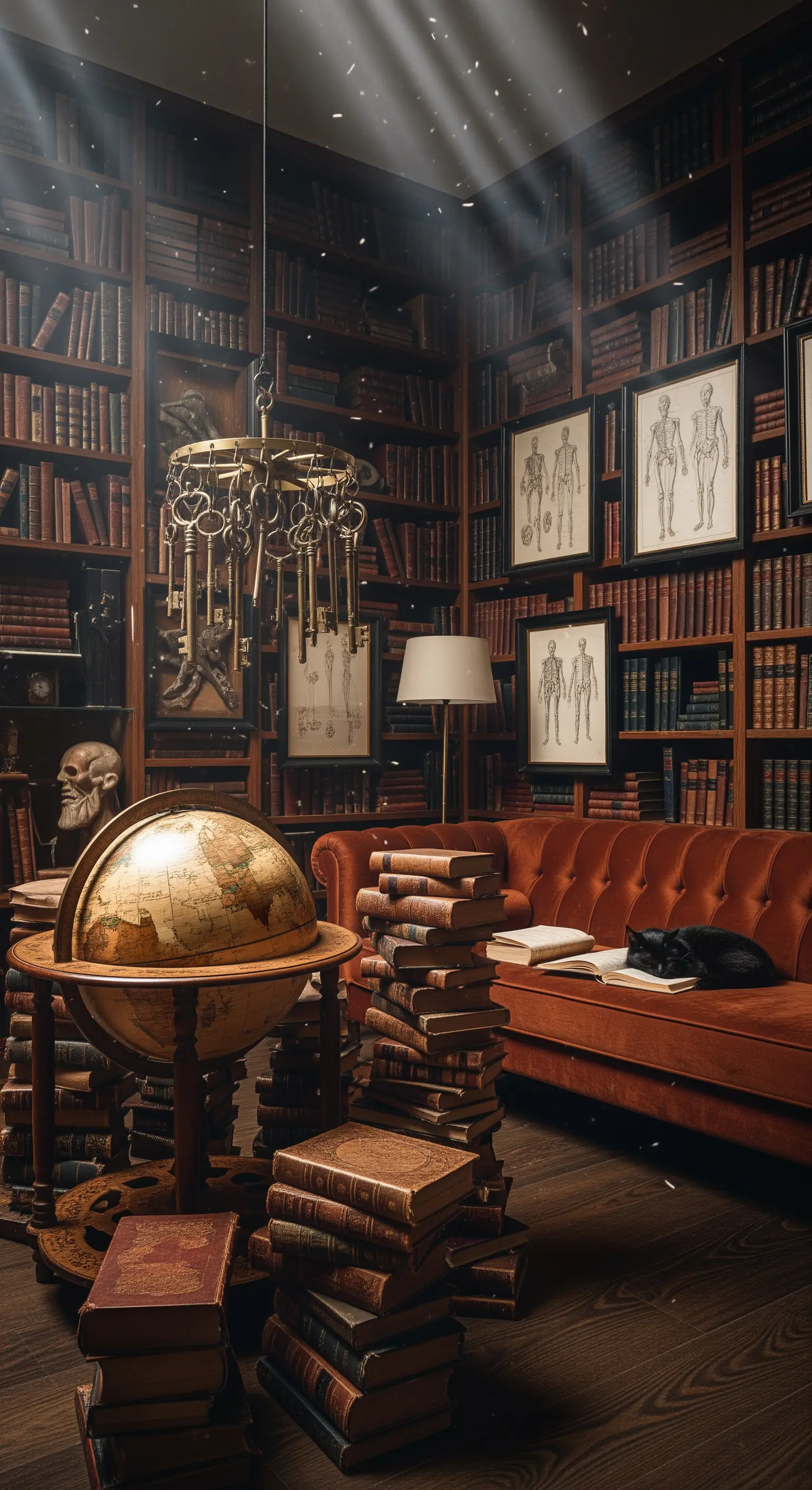 Bibliothek, Globus, Sofa, Bücherstapel, Schlüssel-Kronleuchter, Schädel.