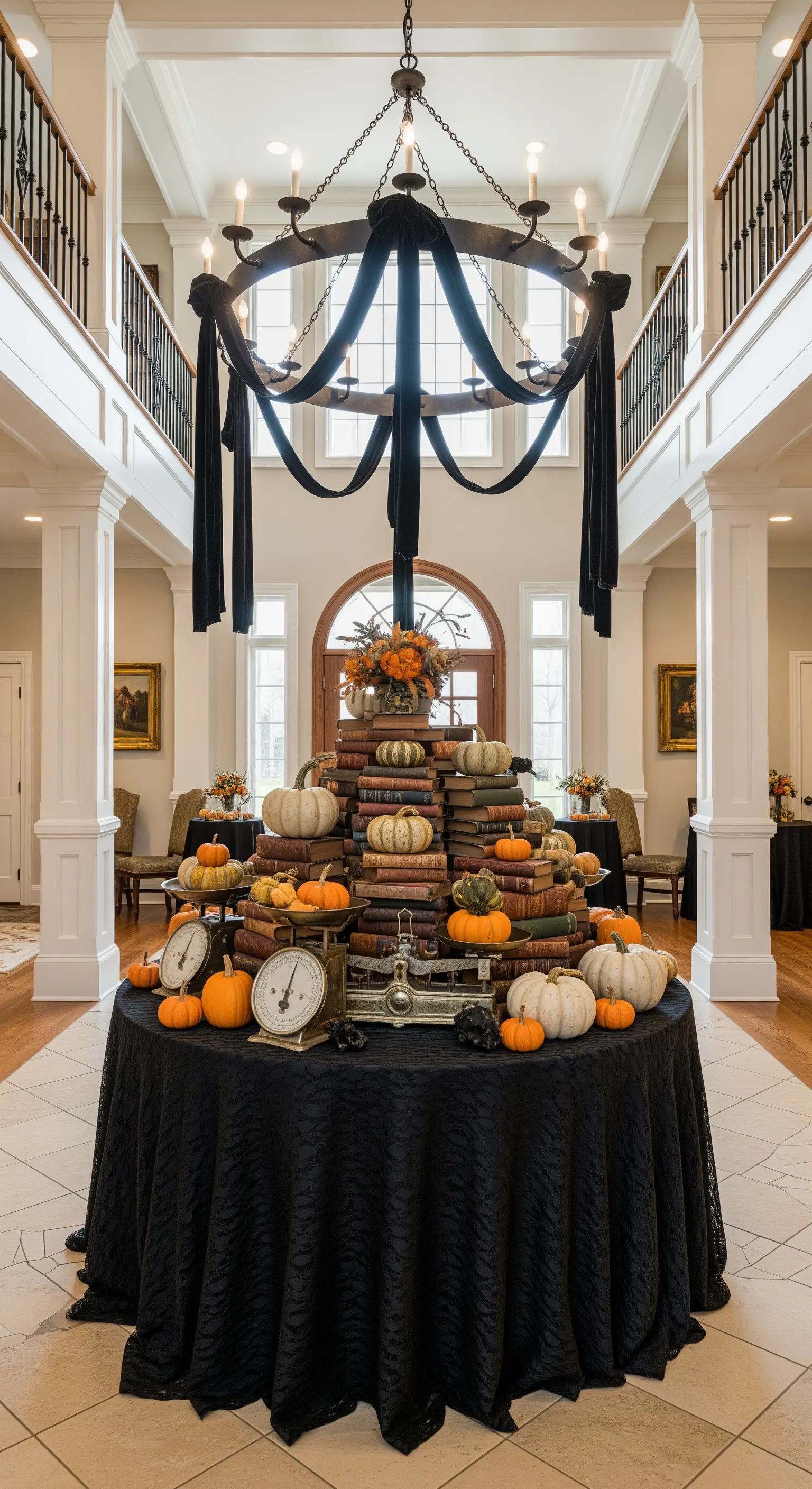 Foyer, Bücherturm, Kürbisse, Waage, Kronleuchter, Halloween-Deko.