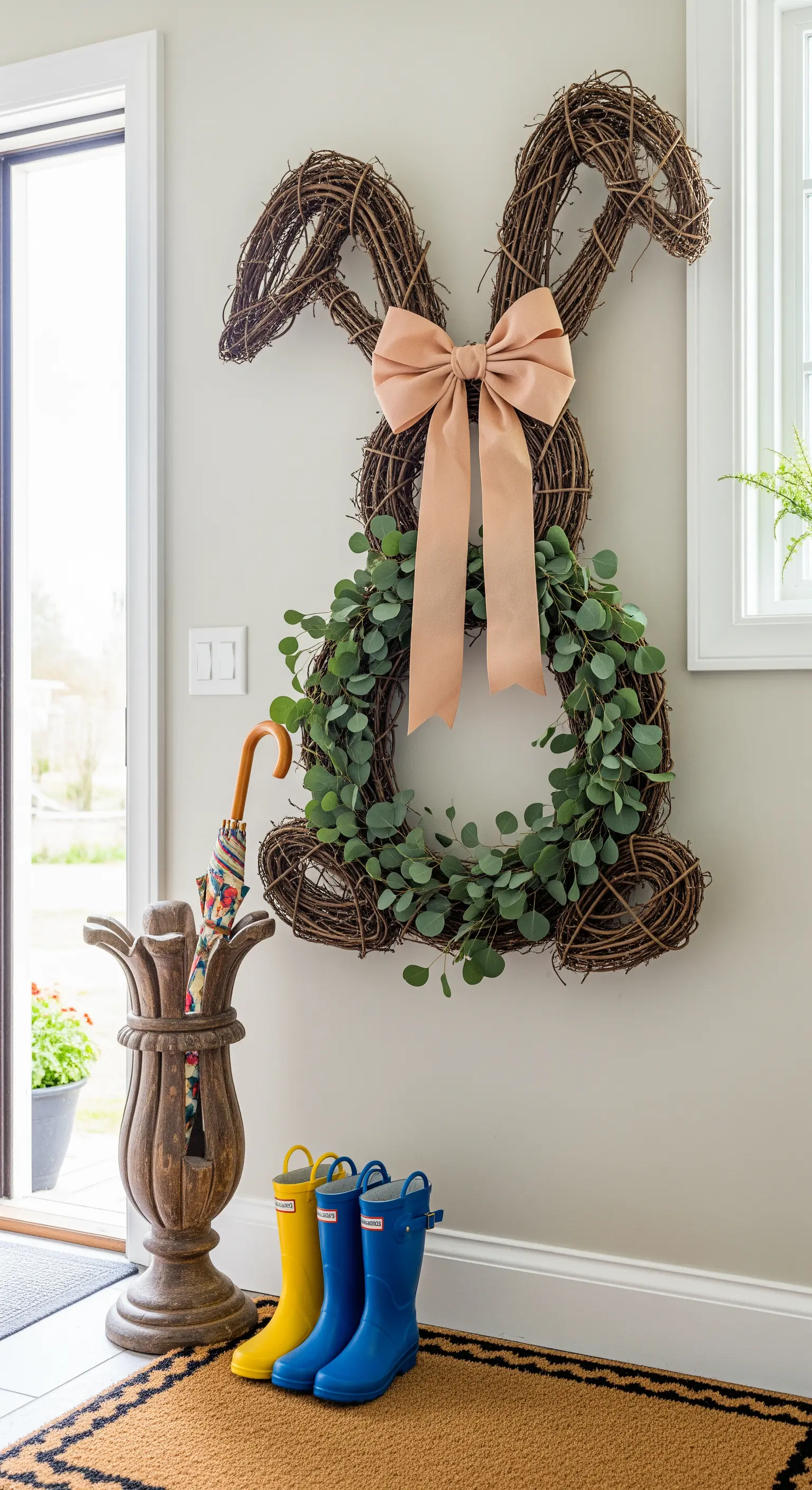 Großer Hasen-Kranz aus Ästen mit Eukalyptus und rosa Schleife an der Wand