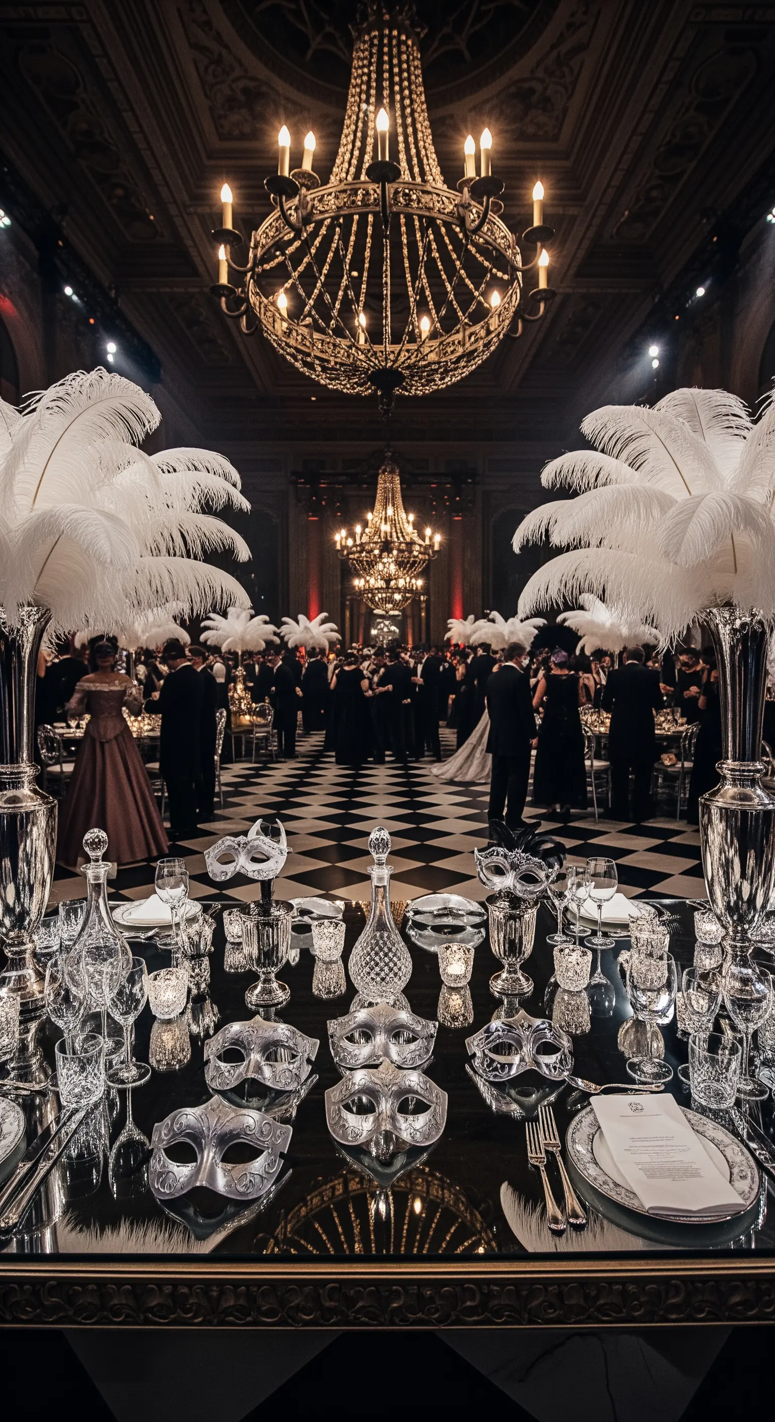 Luxuriöse Halloween Maskerade-Tischdeko mit weißen Federn, silbernen Masken und Kristall