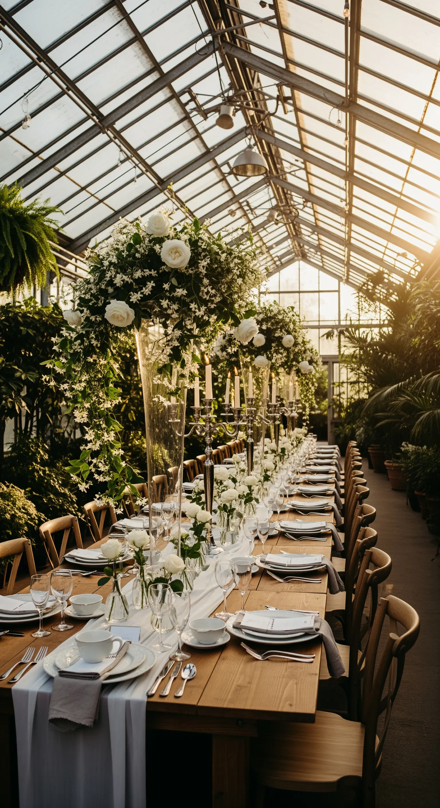 Hohe weiße Rosenarrangements und Kerzen auf langer Tafel im Gewächshaus