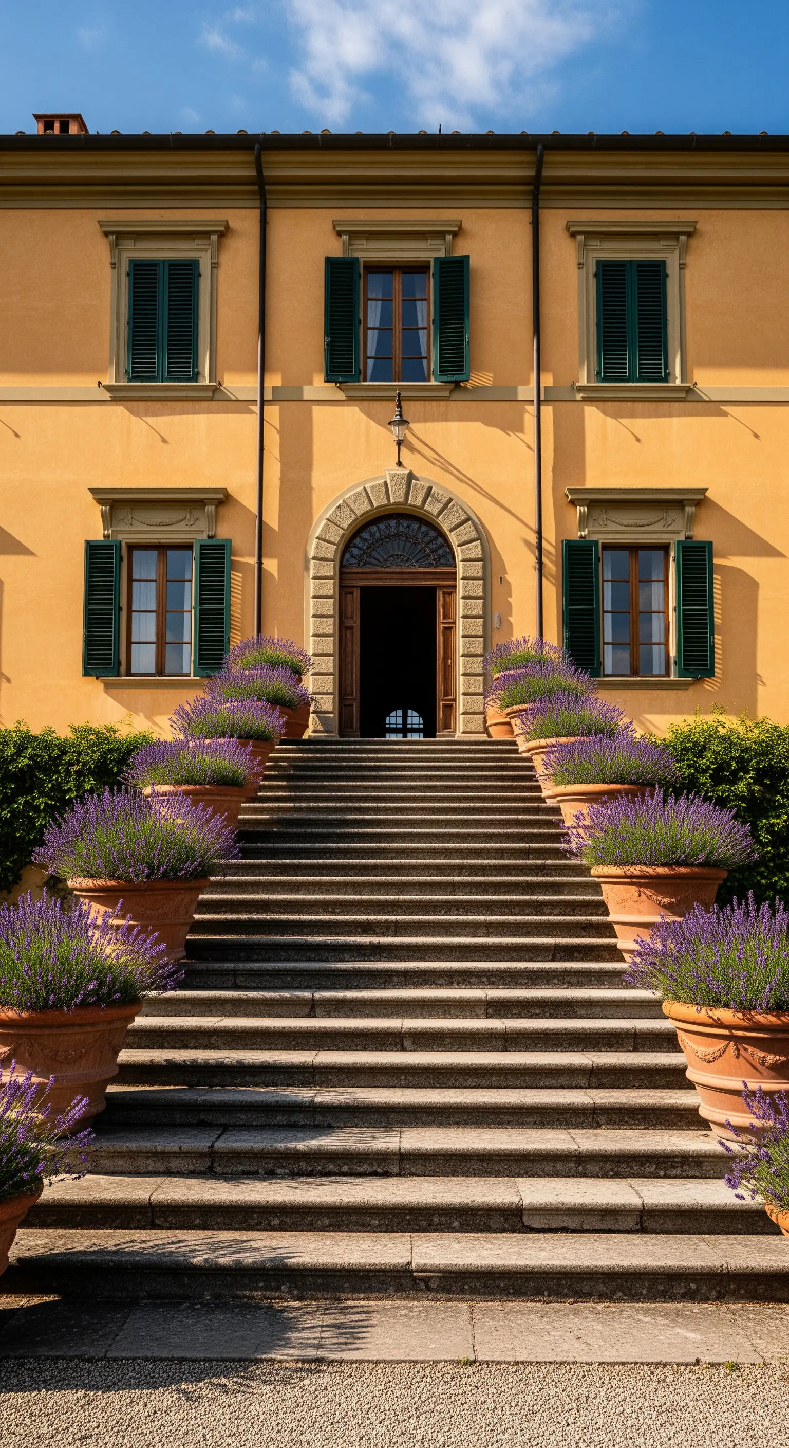 Große Steintreppe mit symmetrisch angeordneten Lavendeltöpfen vor gelber Villa