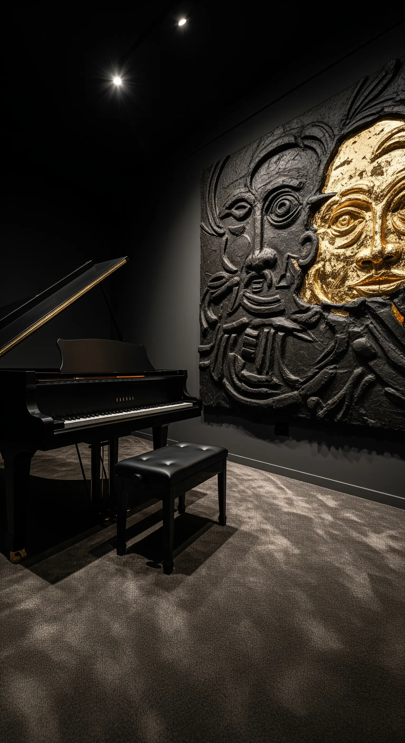 Große strukturierte Wandkunst in Schwarz-Gold neben Flügel.