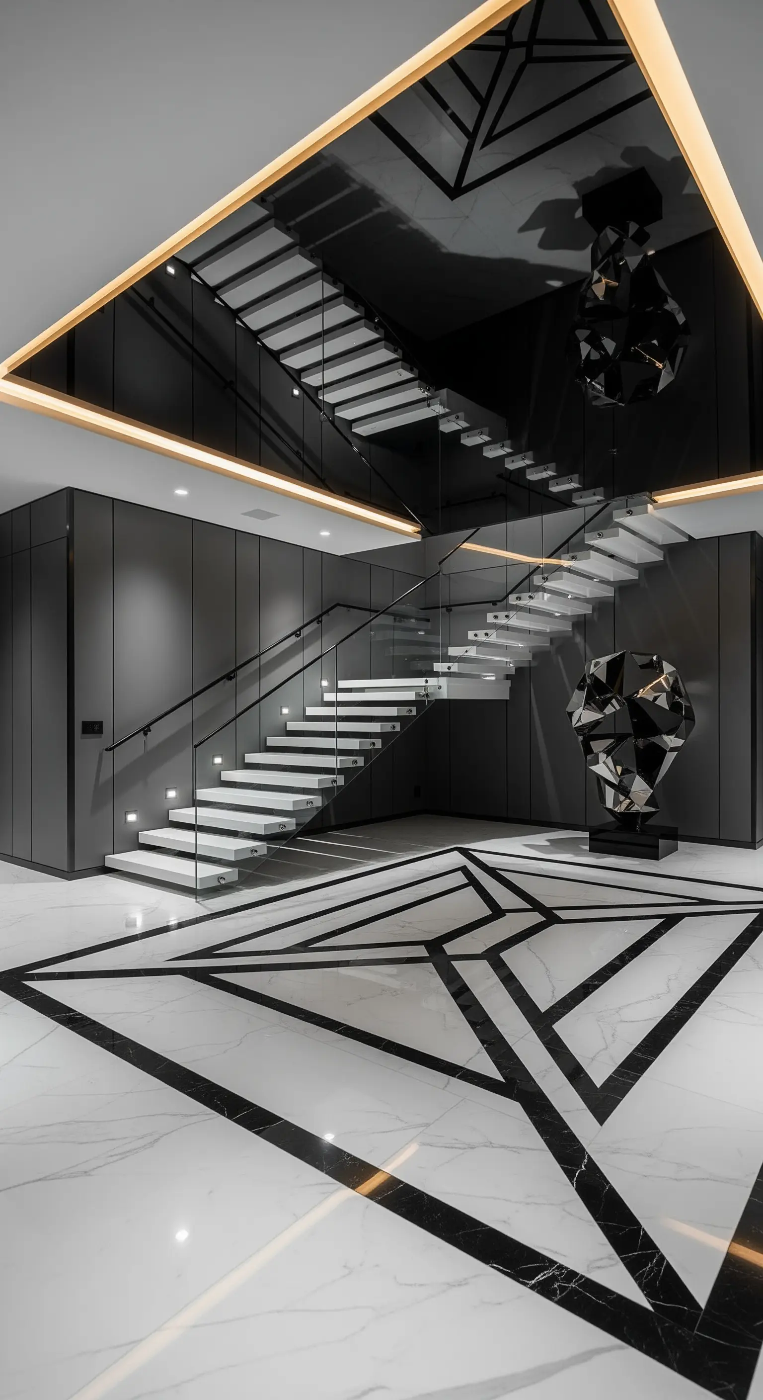 Eingangsbereich mit schwebender Decke, indirekter Beleuchtung und geometrischem Marmorboden