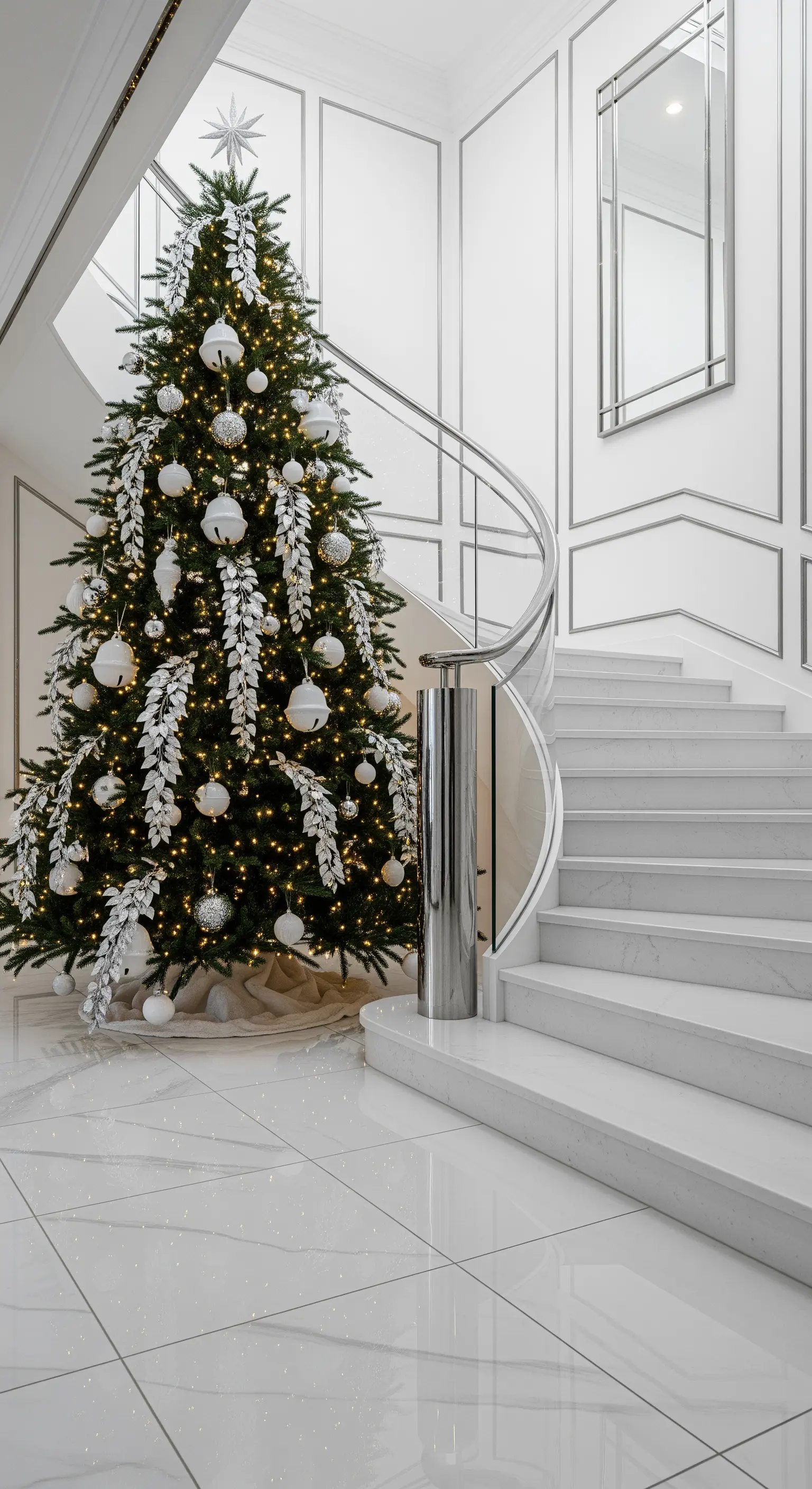 Hoher Weihnachtsbaum mit weiß-silberner Deko in einer luxuriösen Eingangshalle.