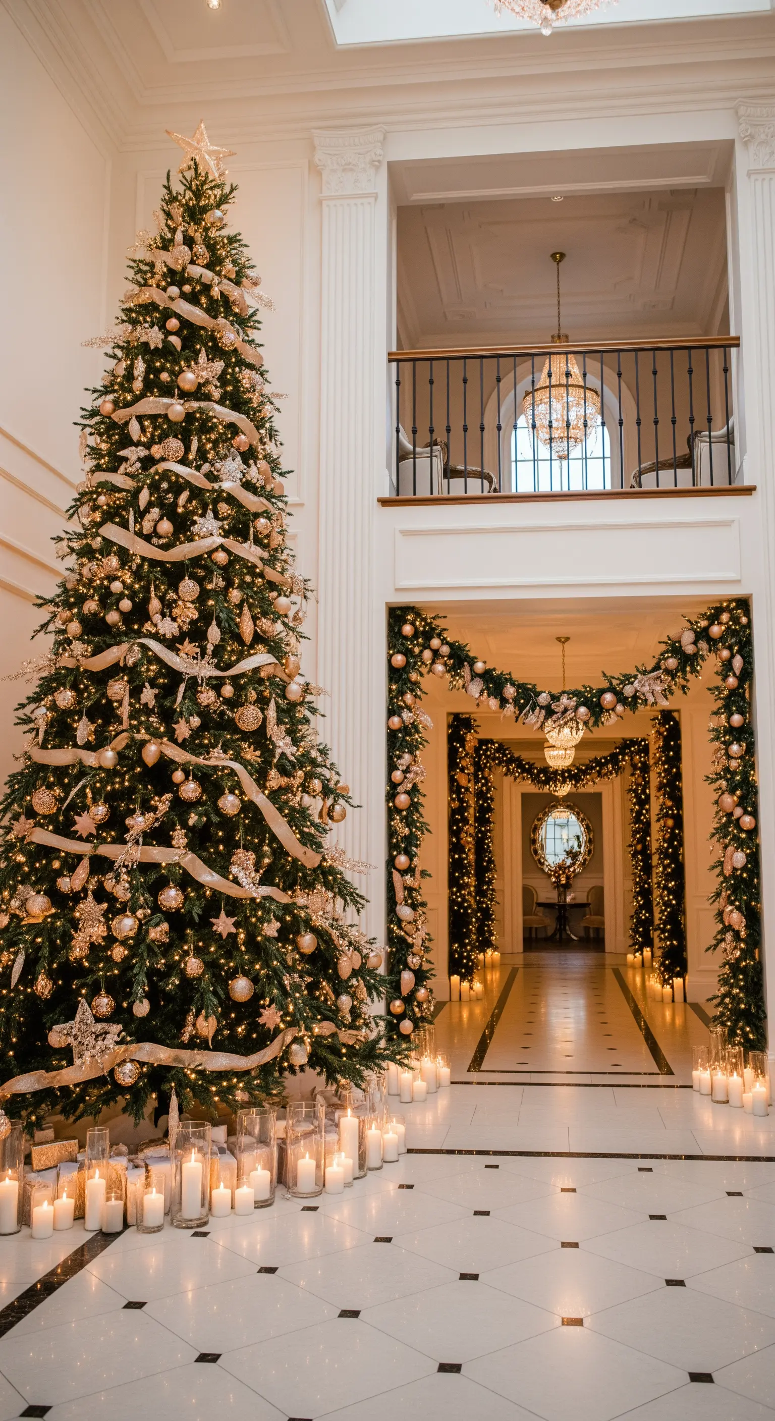 Luxuriöser Empfangsbereich mit großem Weihnachtsbaum, goldenen Dekorationen und Kerzen