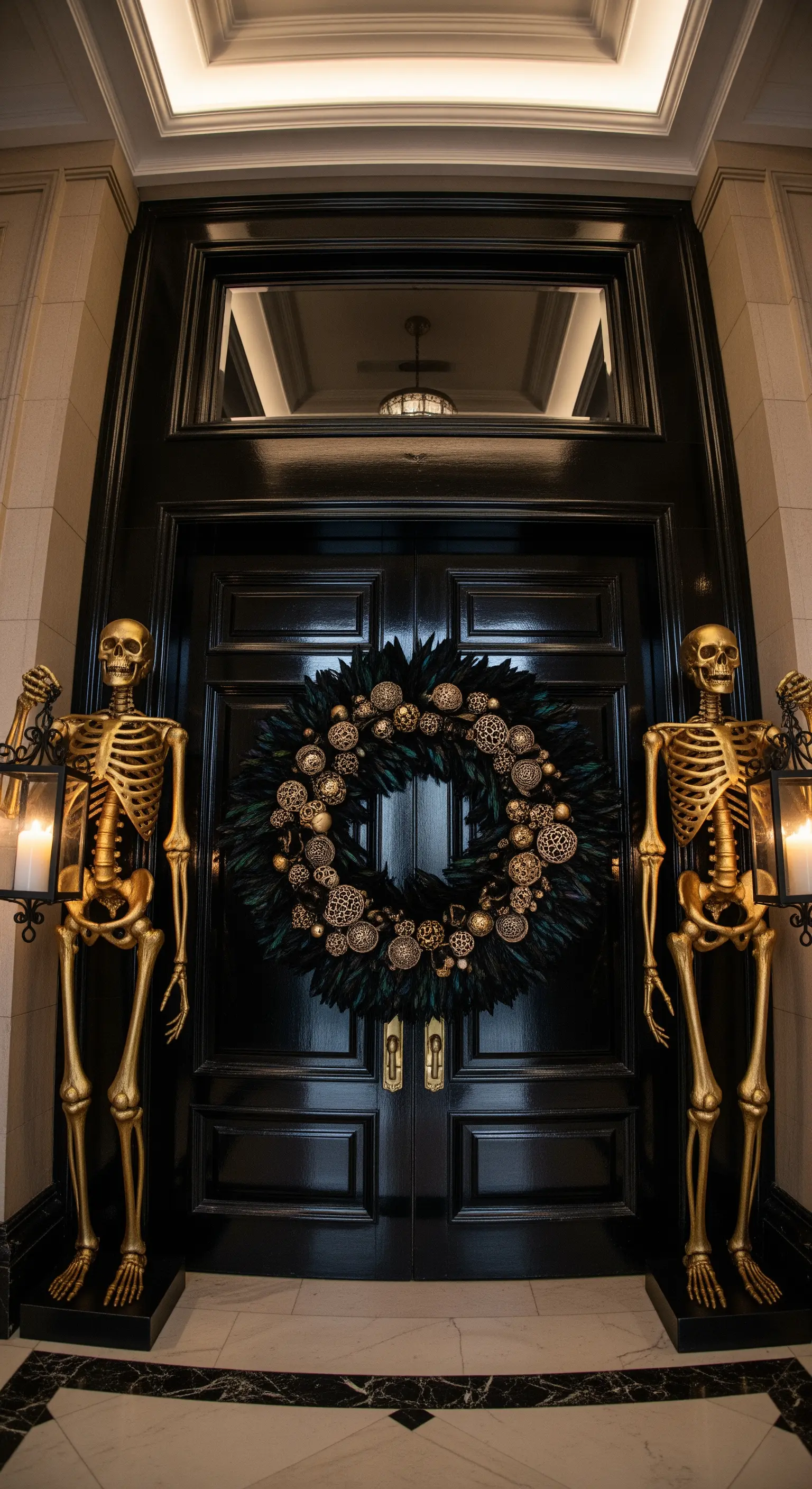 Schwarze Haustür mit goldenen Skeletten und großem Kranz