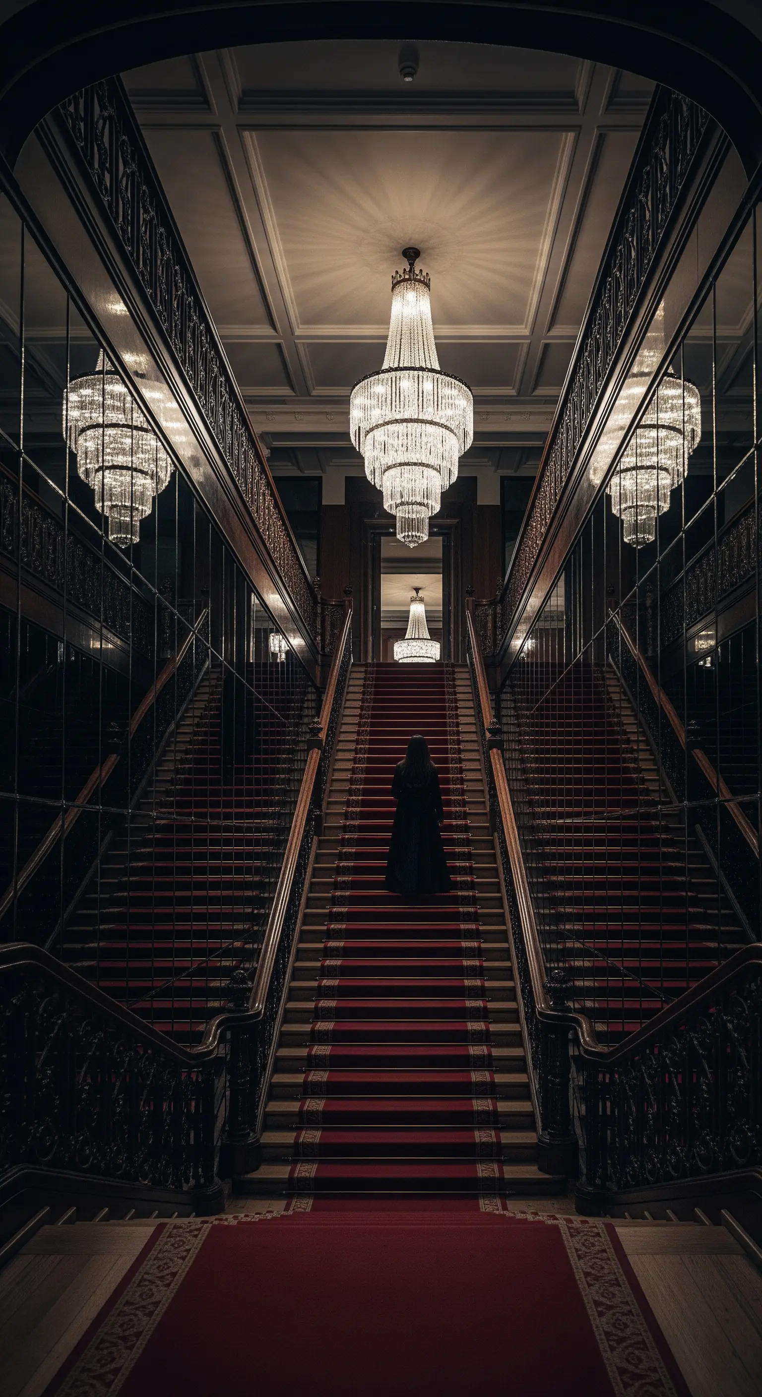 Grandioses Treppenhaus mit Spiegelwänden, rotem Teppich und Kristallleuchter