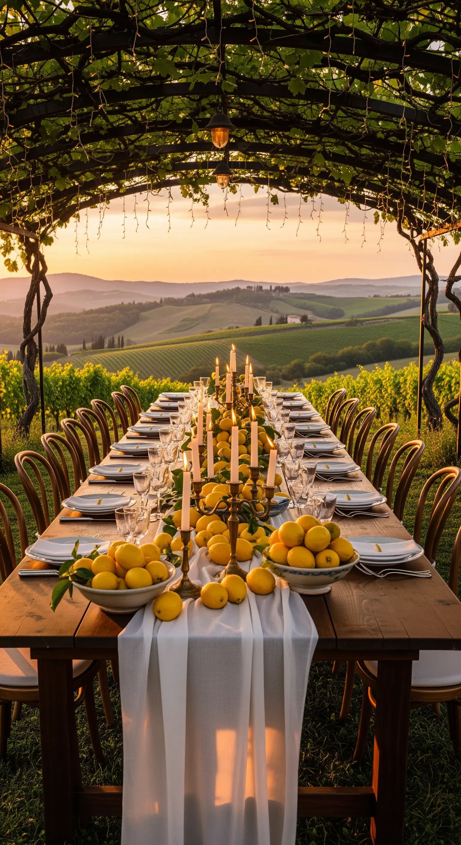 Lange Festtafel mit Zitronen und Kerzen unter Weinreben bei Sonnenuntergang