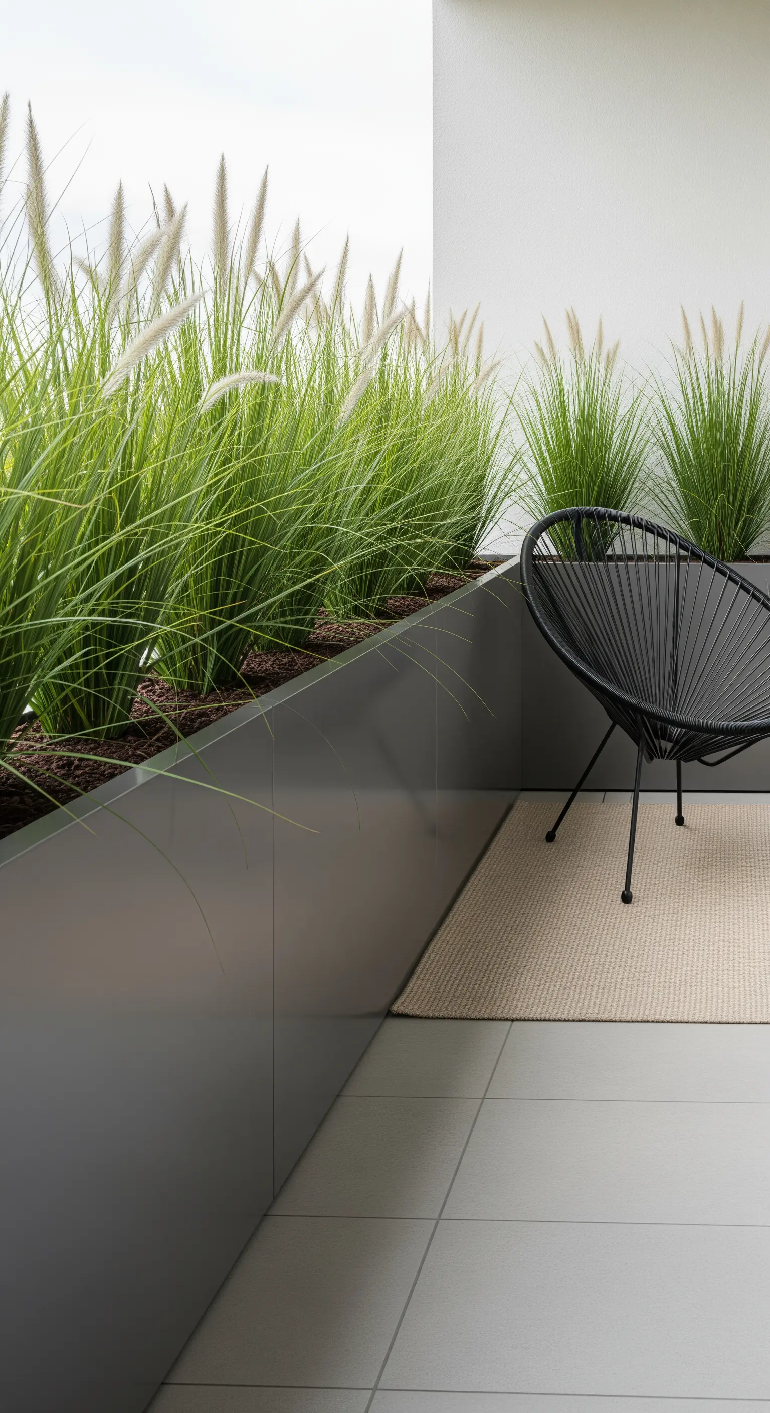Dunkelgrauer Pflanztrog mit hohen Gräsern und schwarzem Acapulco Stuhl