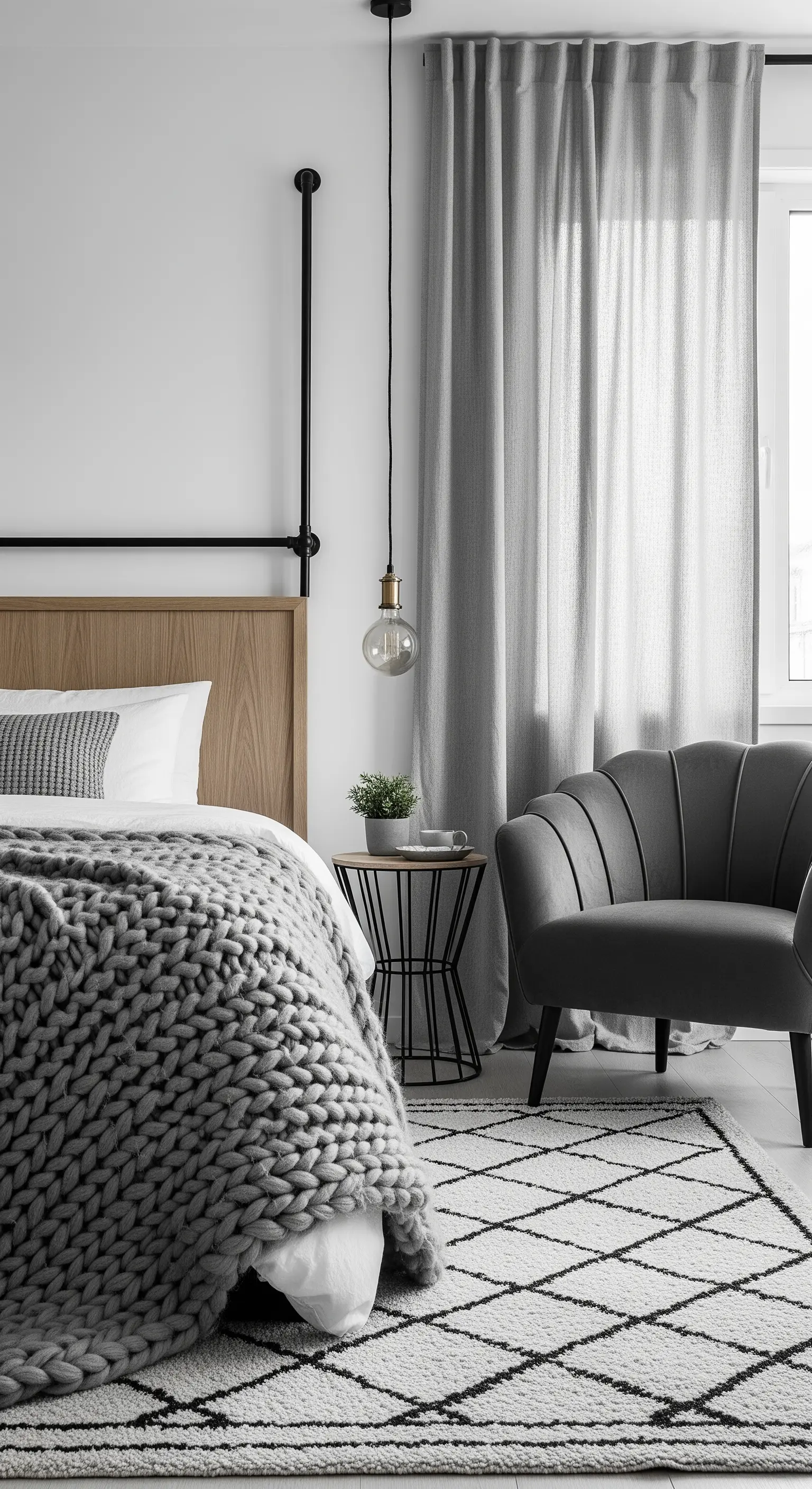 Graues Boho-Schlafzimmer mit einer übergroßen, grob gestrickten Decke und industriellen Lampen