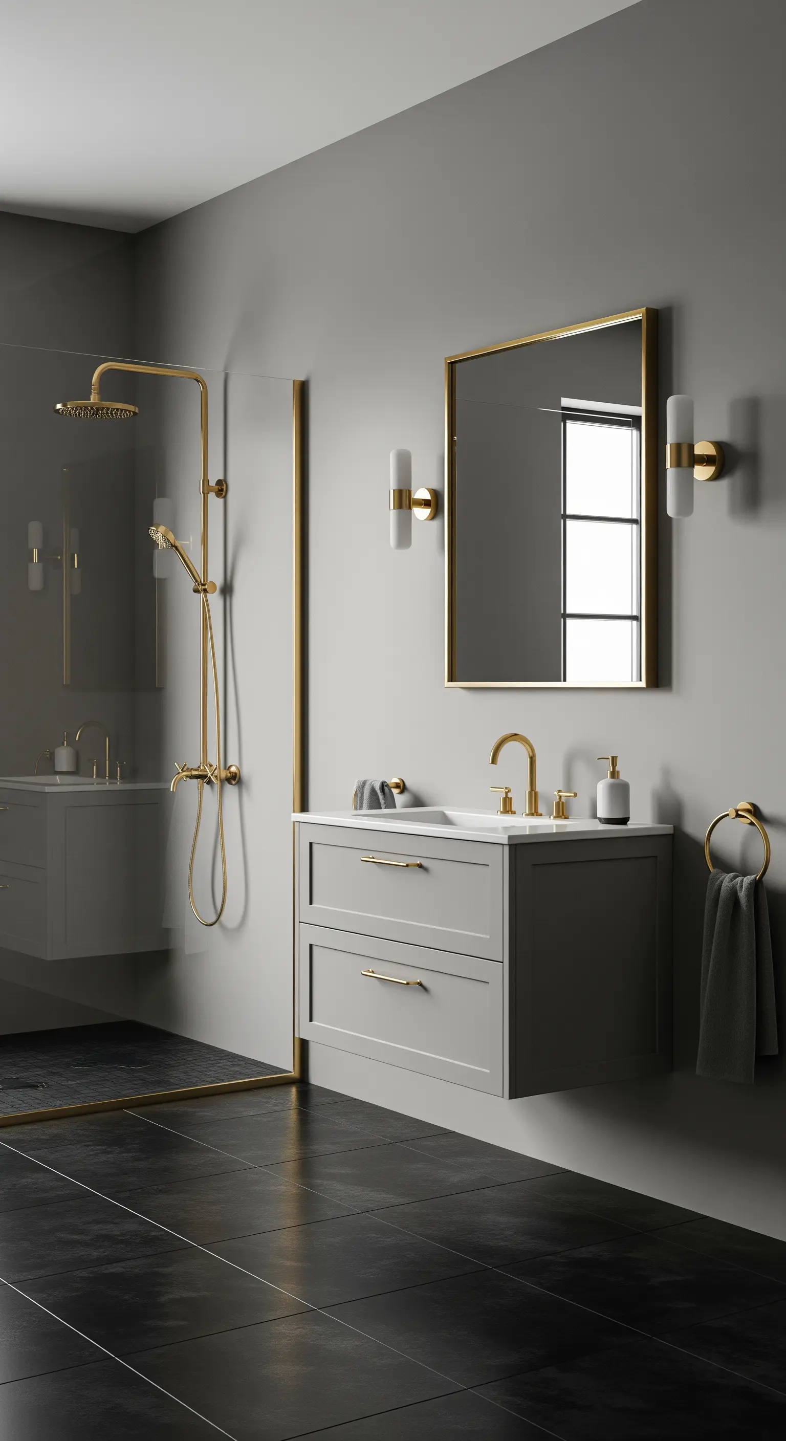 Modernes Badezimmer mit grauem Waschtisch, schwarzem Boden und goldenen Akzenten.