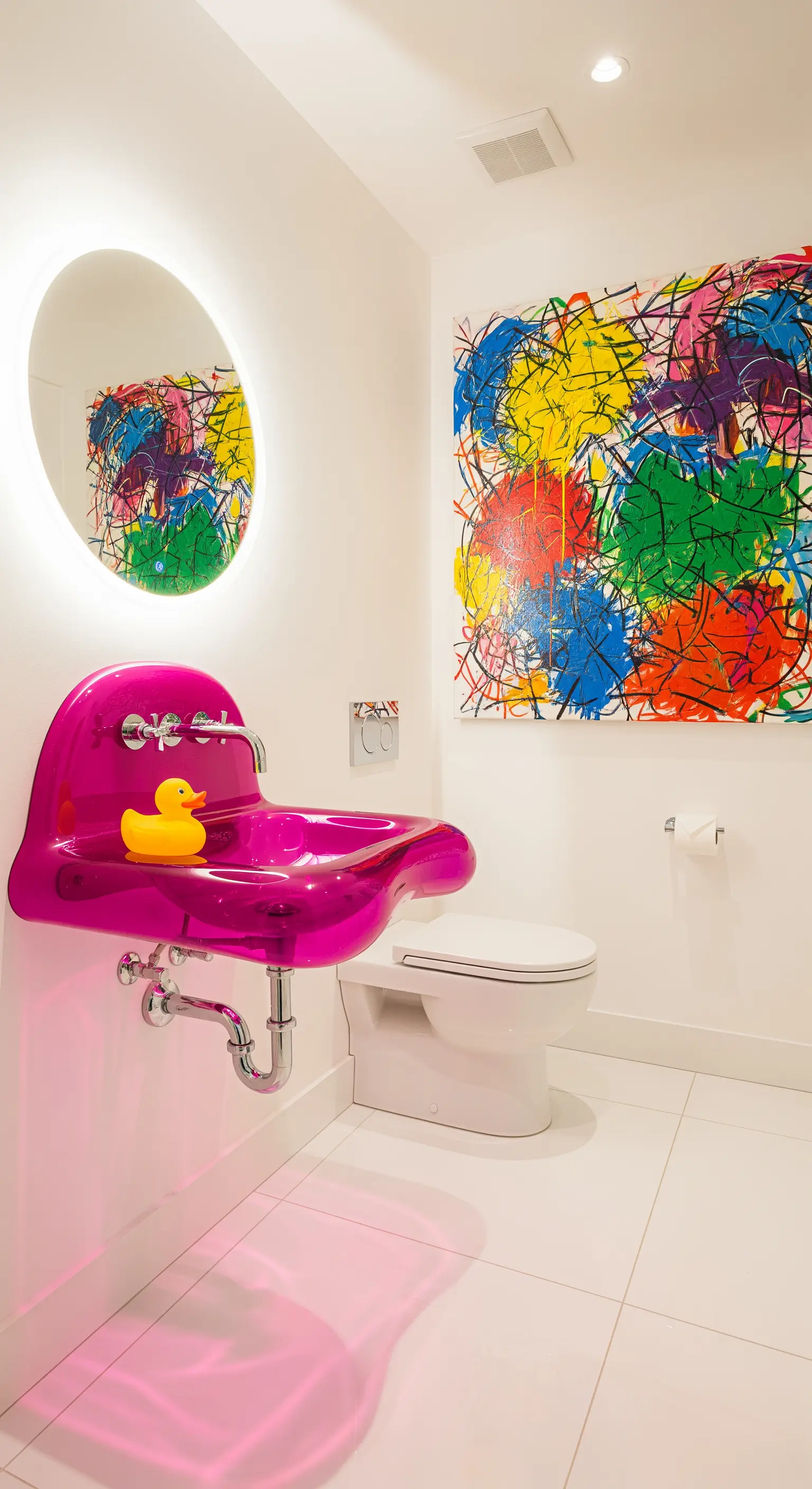 Schwebendes Glaswaschbecken mit eingravierten Pflanzenmotiven, das von innen leuchtet.