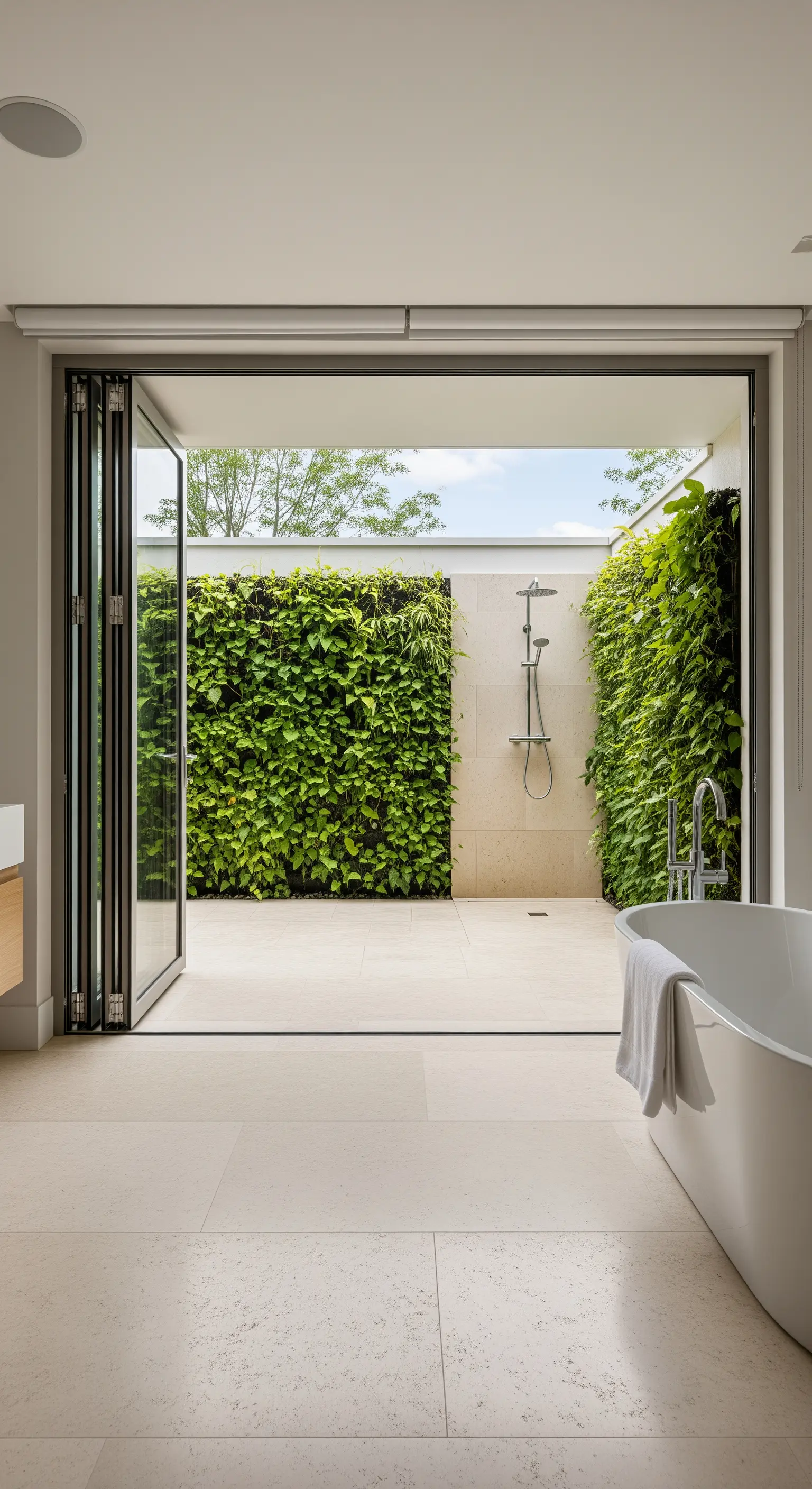 Badezimmer mit Falttür, die sich zu einer Außendusche mit einer grünen Pflanzenwand öffnet.