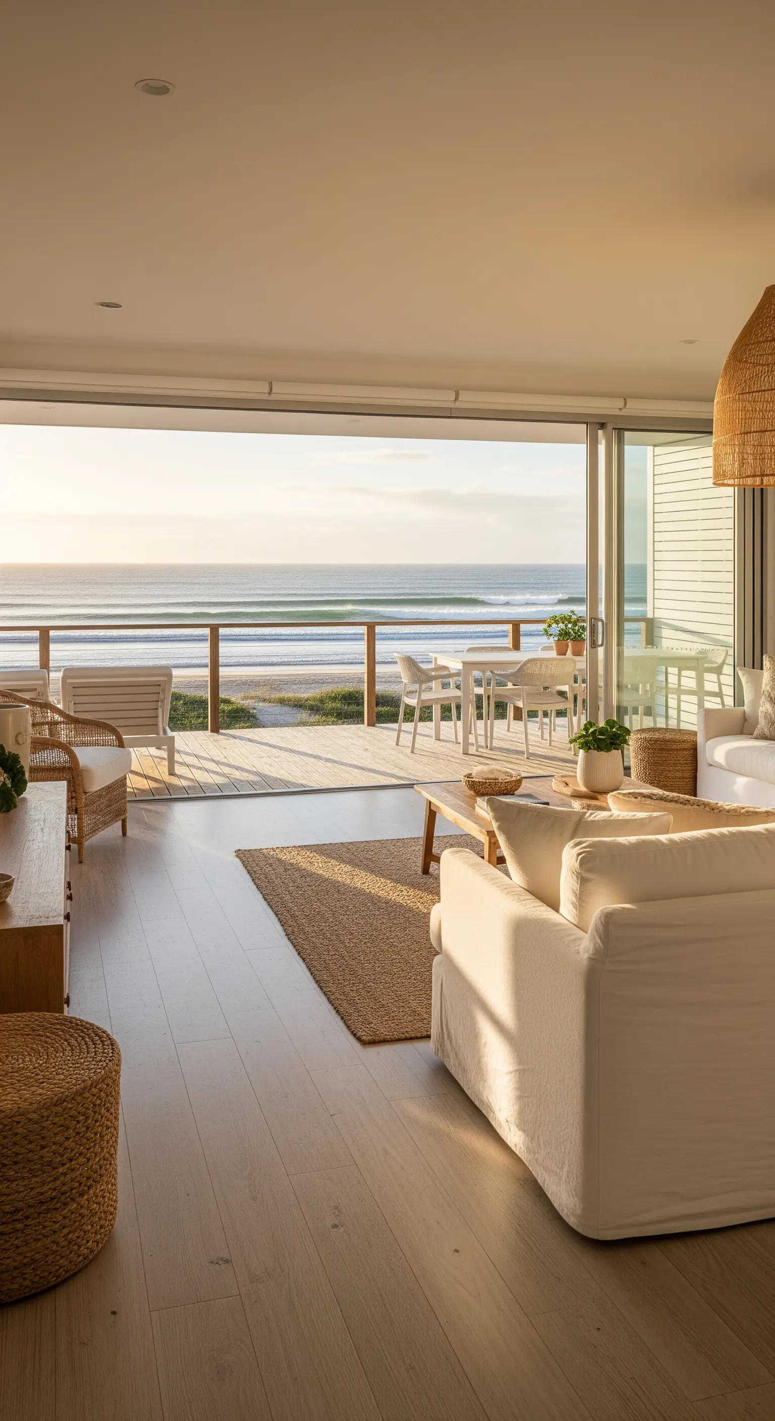 Helles Wohnzimmer mit offenem Übergang zur Holzterrasse und direktem Blick auf den Strand und das Meer.