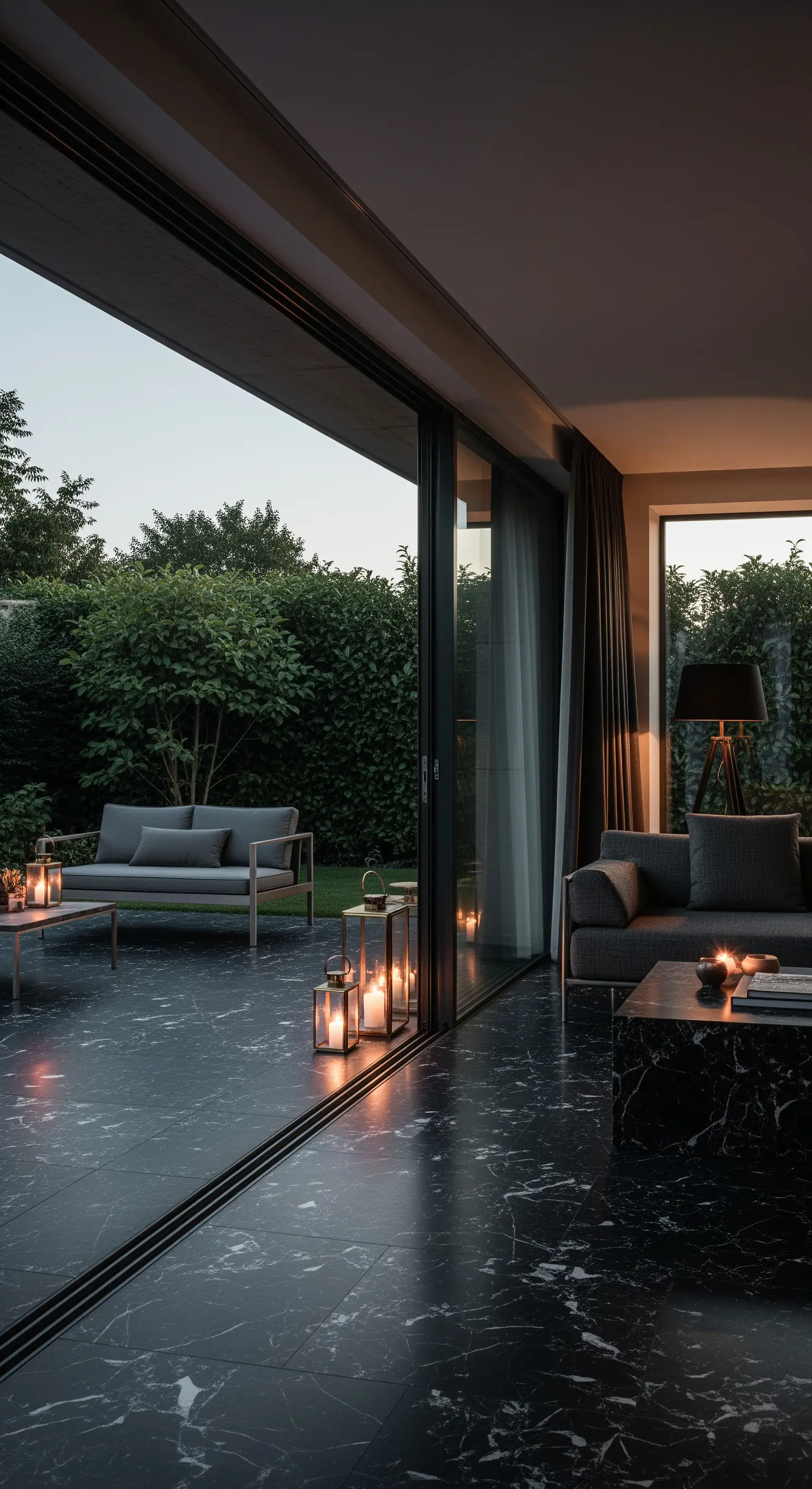 Schwarzer Marmorboden fließt vom Wohnzimmer nahtlos auf die Terrasse.