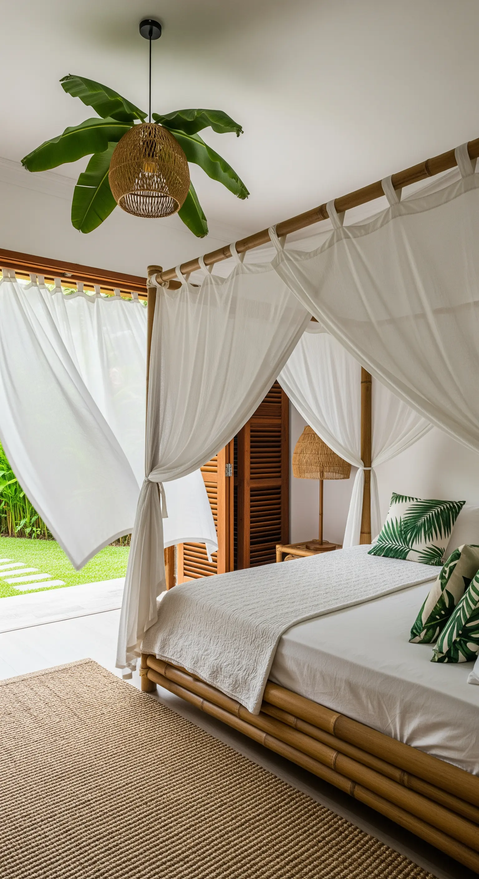 Offenes Schlafzimmer mit Bambusbett, das auf eine grüne Terrasse führt.