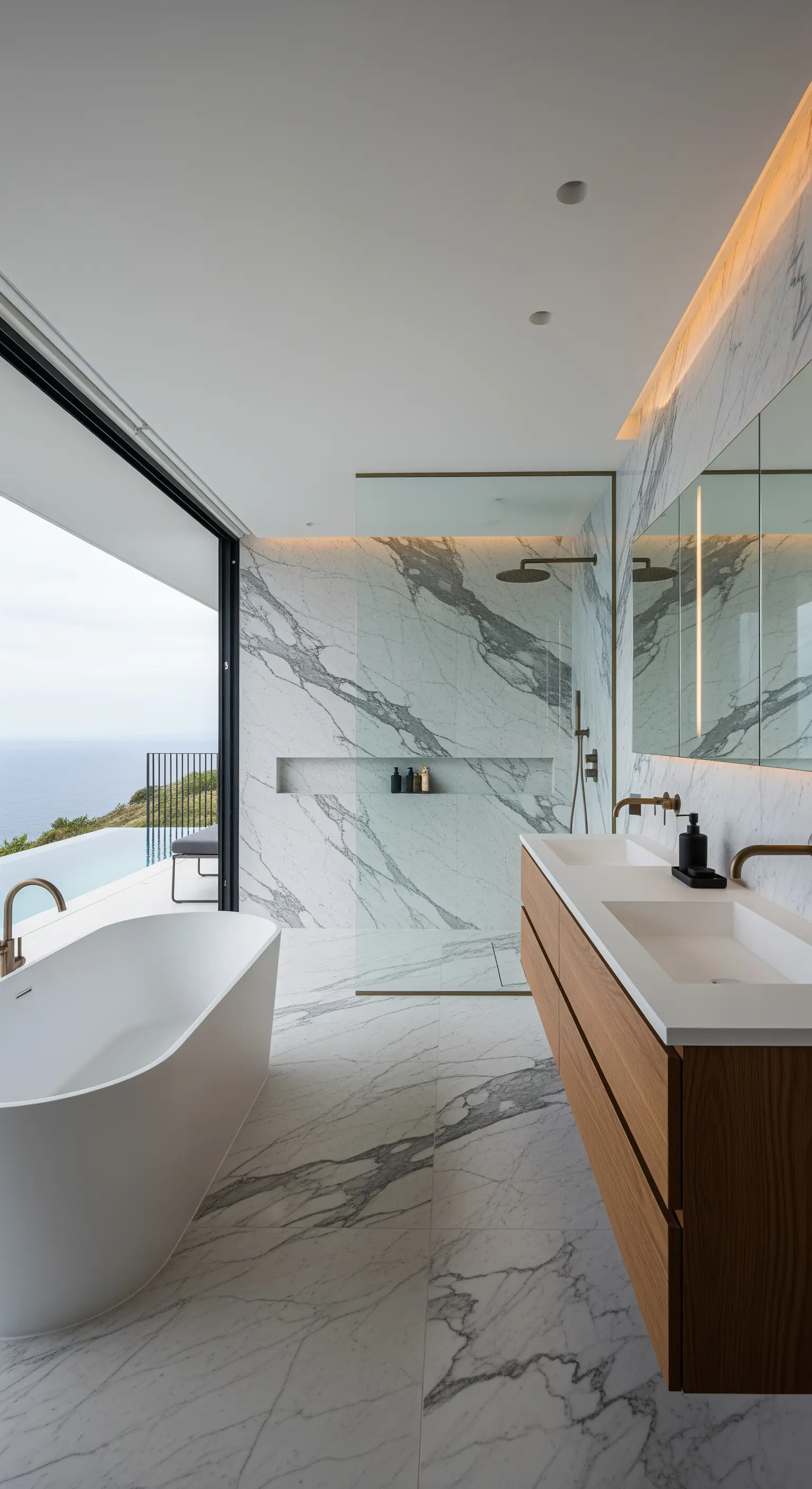 Modernes Marmorbad mit freistehender Wanne und offenem Blick auf das Meer