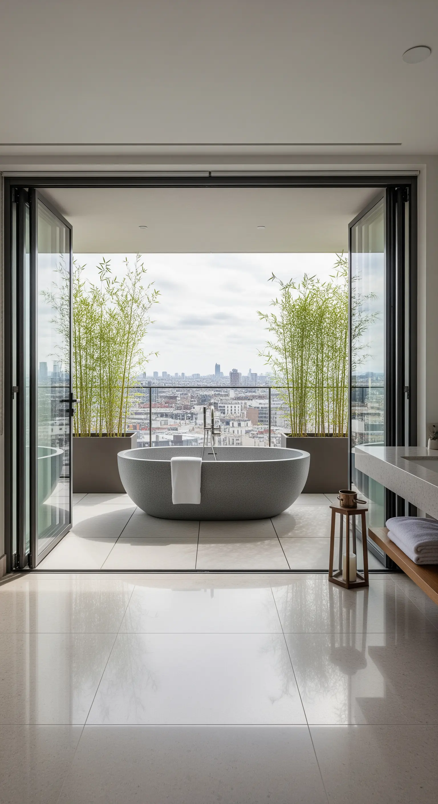 Freistehende Stein-Badewanne vor einer offenen Glaswand mit Blick auf eine städtische Terrasse.