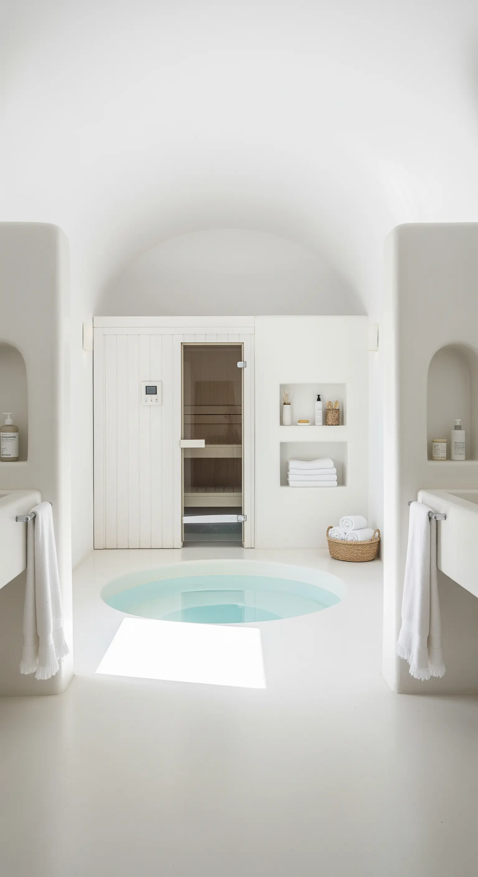 Reinweißes, minimalistisches Badezimmer mit Sauna und rundem Tauchbecken.