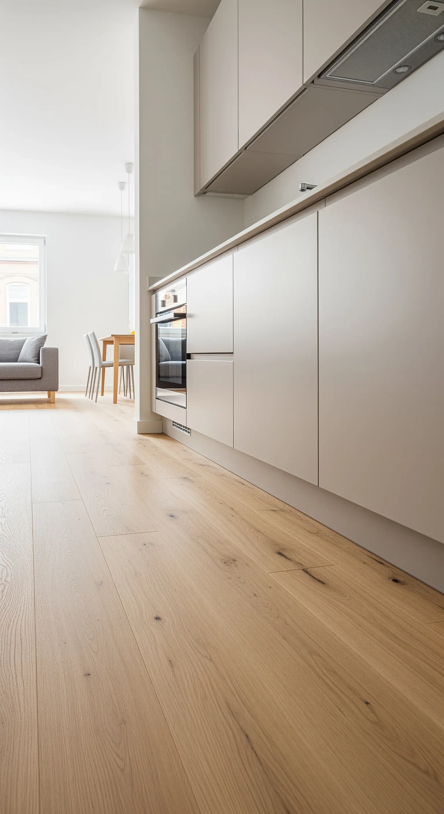 Moderne, grifflose Küchenzeile in einem neutralen Greige-Ton in einem offenen Wohnraum.