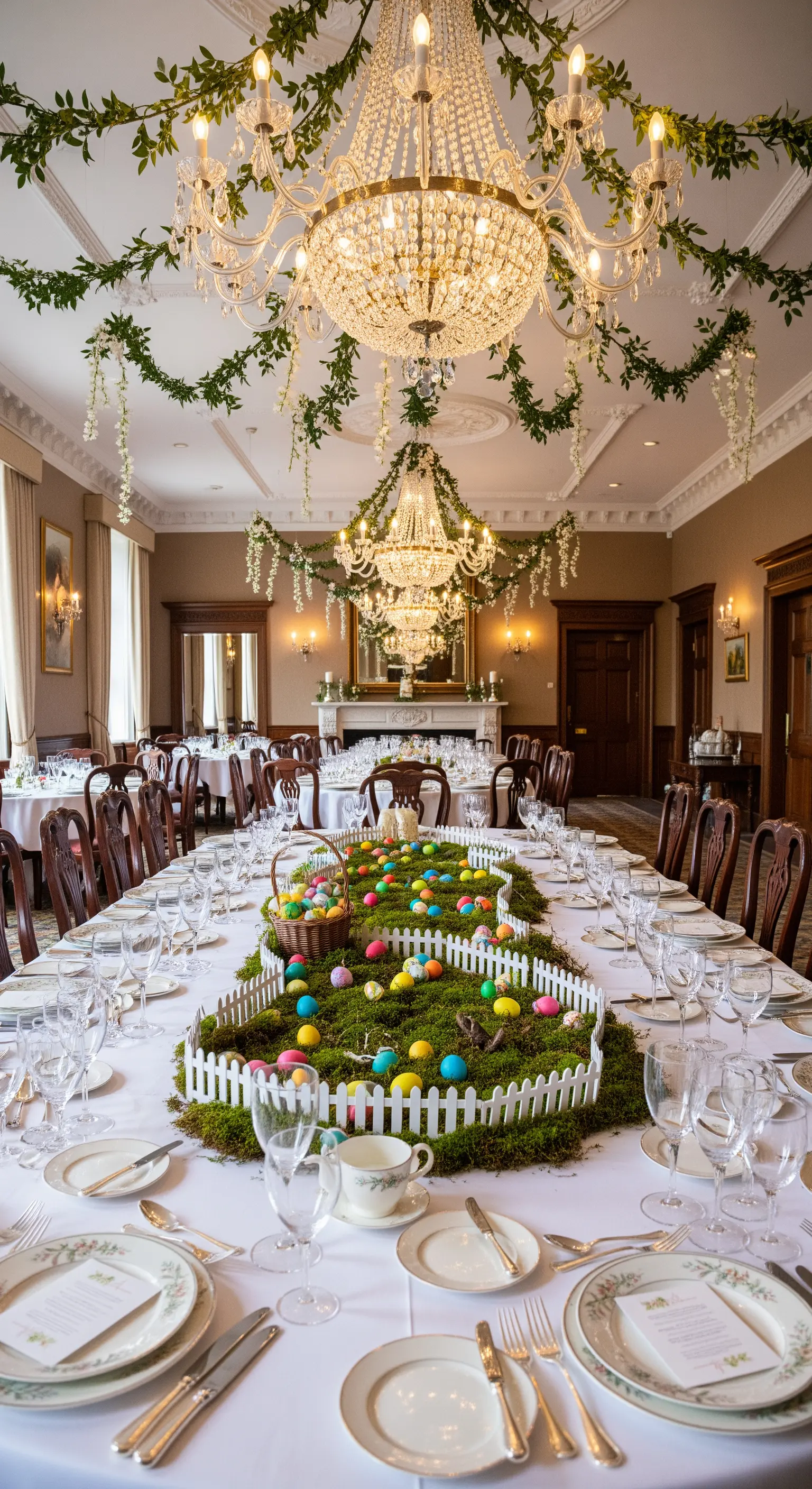 Oster-Tafel mit Moosläufer, weißem Zaun, bunten Eiern und grünen Ranken an Kronleuchtern.