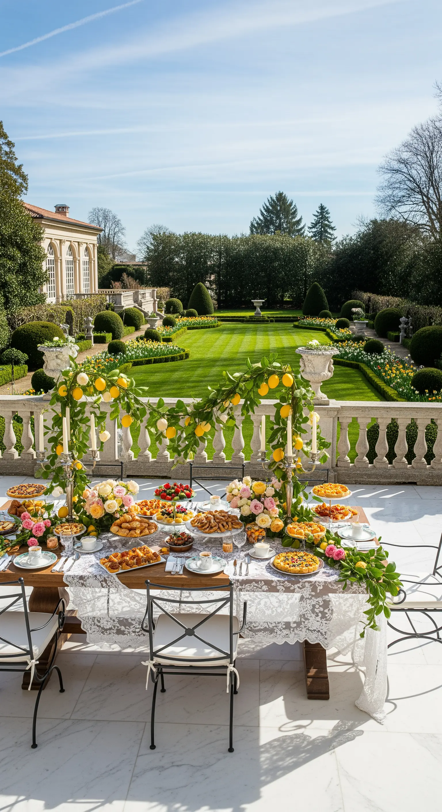 Eleganter Gartenbrunch mit Holztisch, Spitzendecke, Zitronen-Girlanden und rosa Rosen