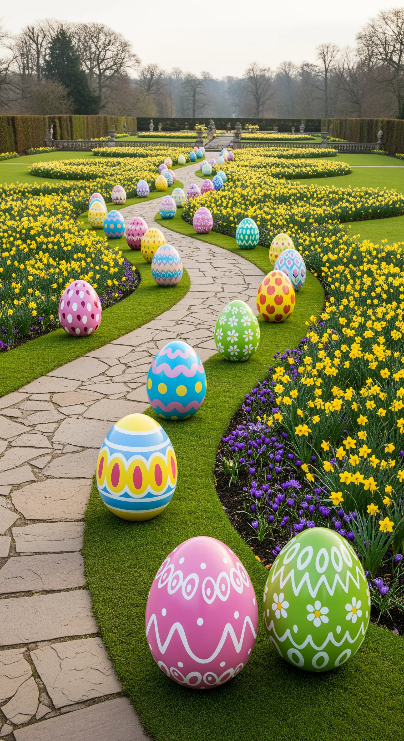 Große, bunte Ostereier schmücken einen Gartenweg zwischen Narzissenfeldern