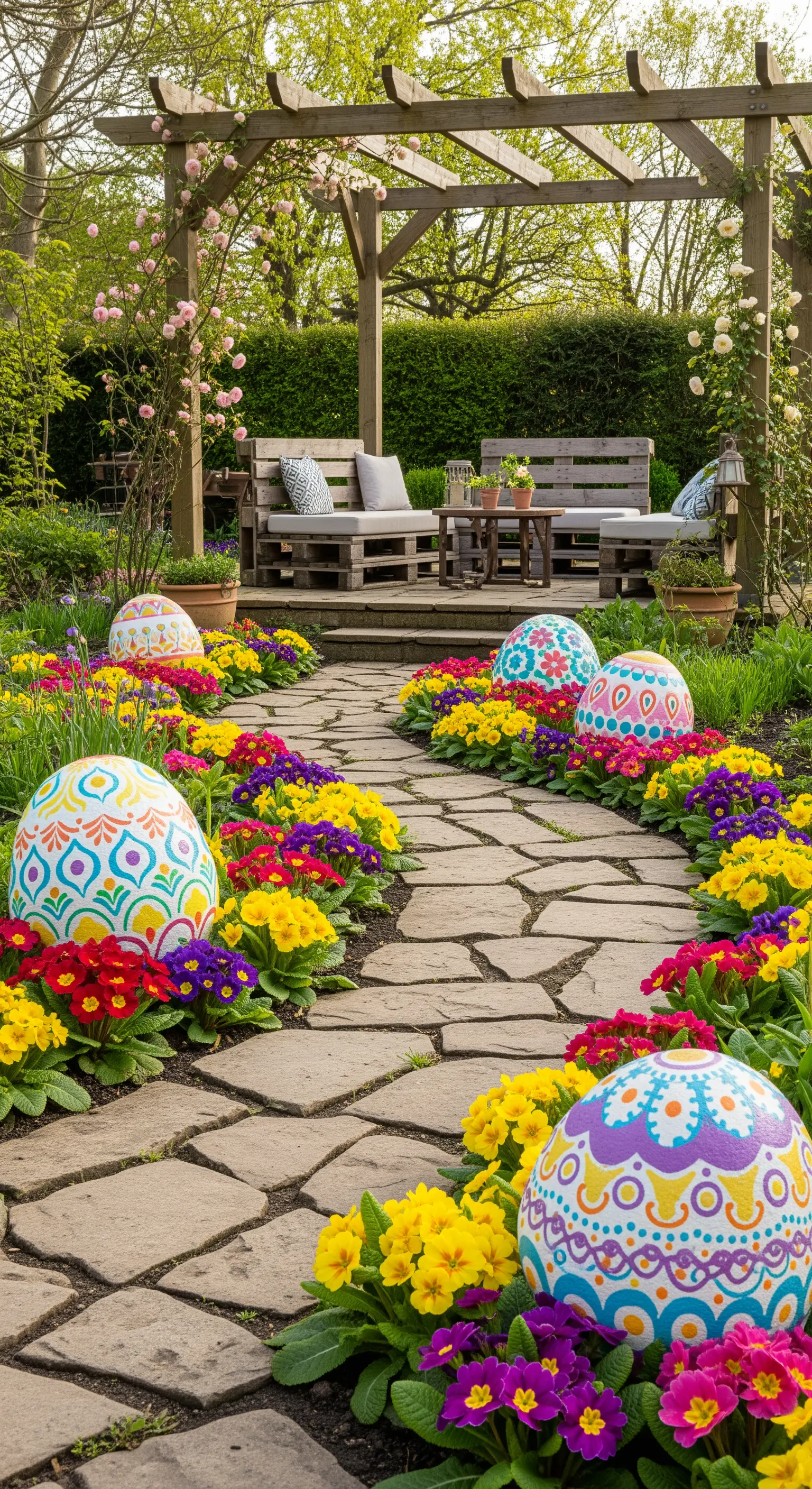 Große, bunte Ostereier inmitten eines Pfades aus Primelblüten