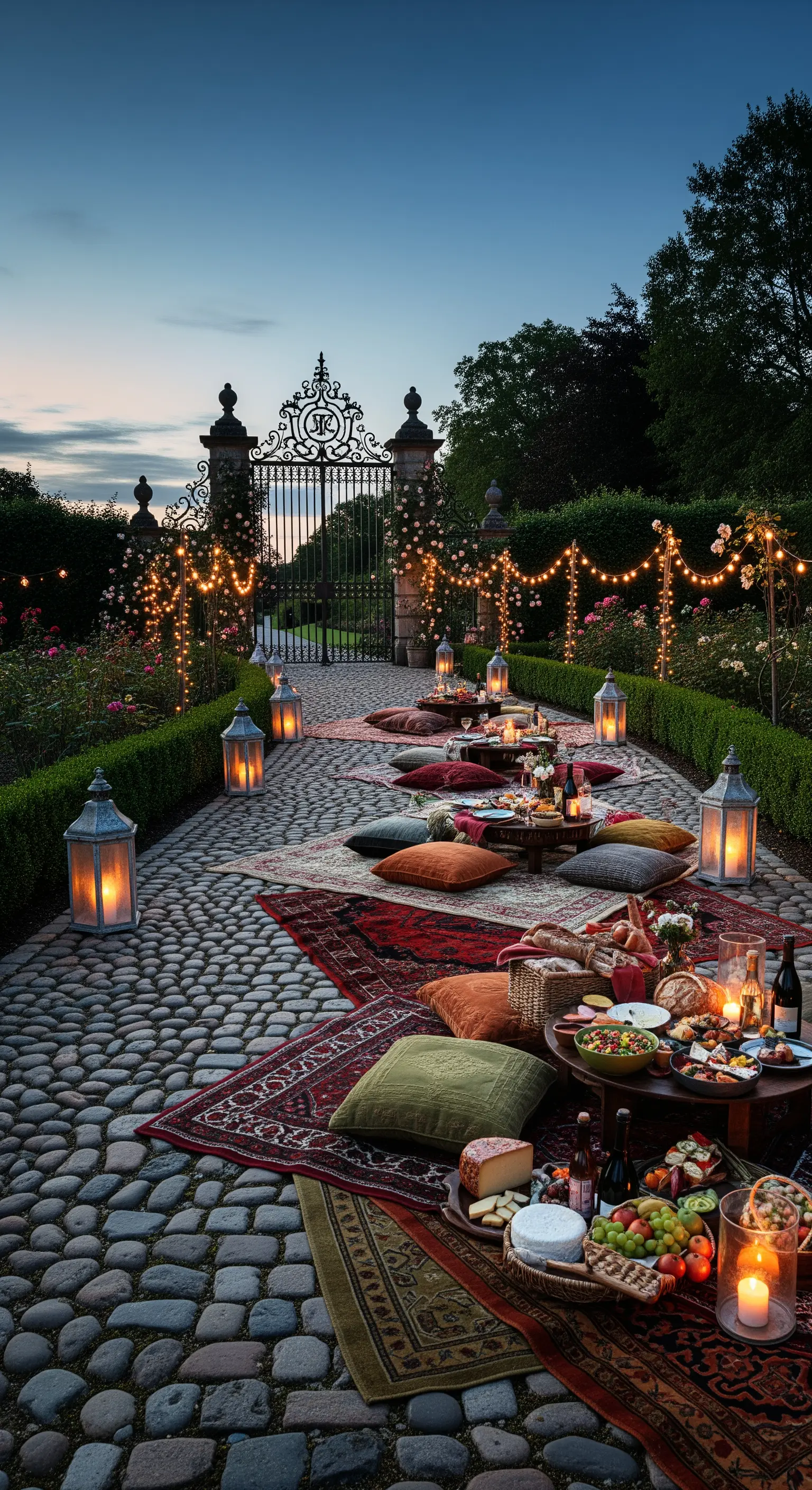 Opulentes Picknick vor historischem Torbogen mit Teppichen, Laternen und vielen Kissen