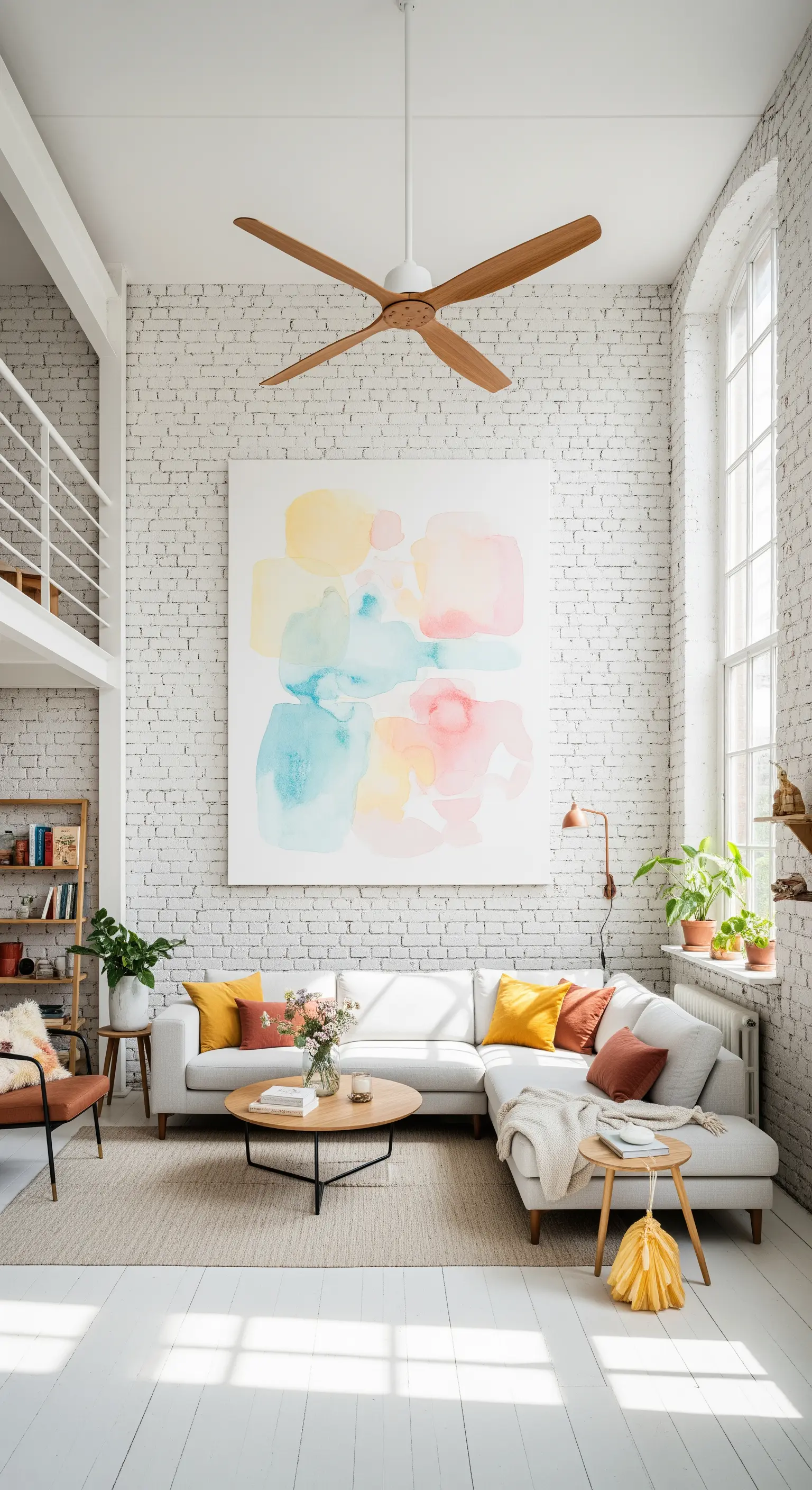 Abstrakte Kunst, farbige Kissen und weiße Ziegelwand