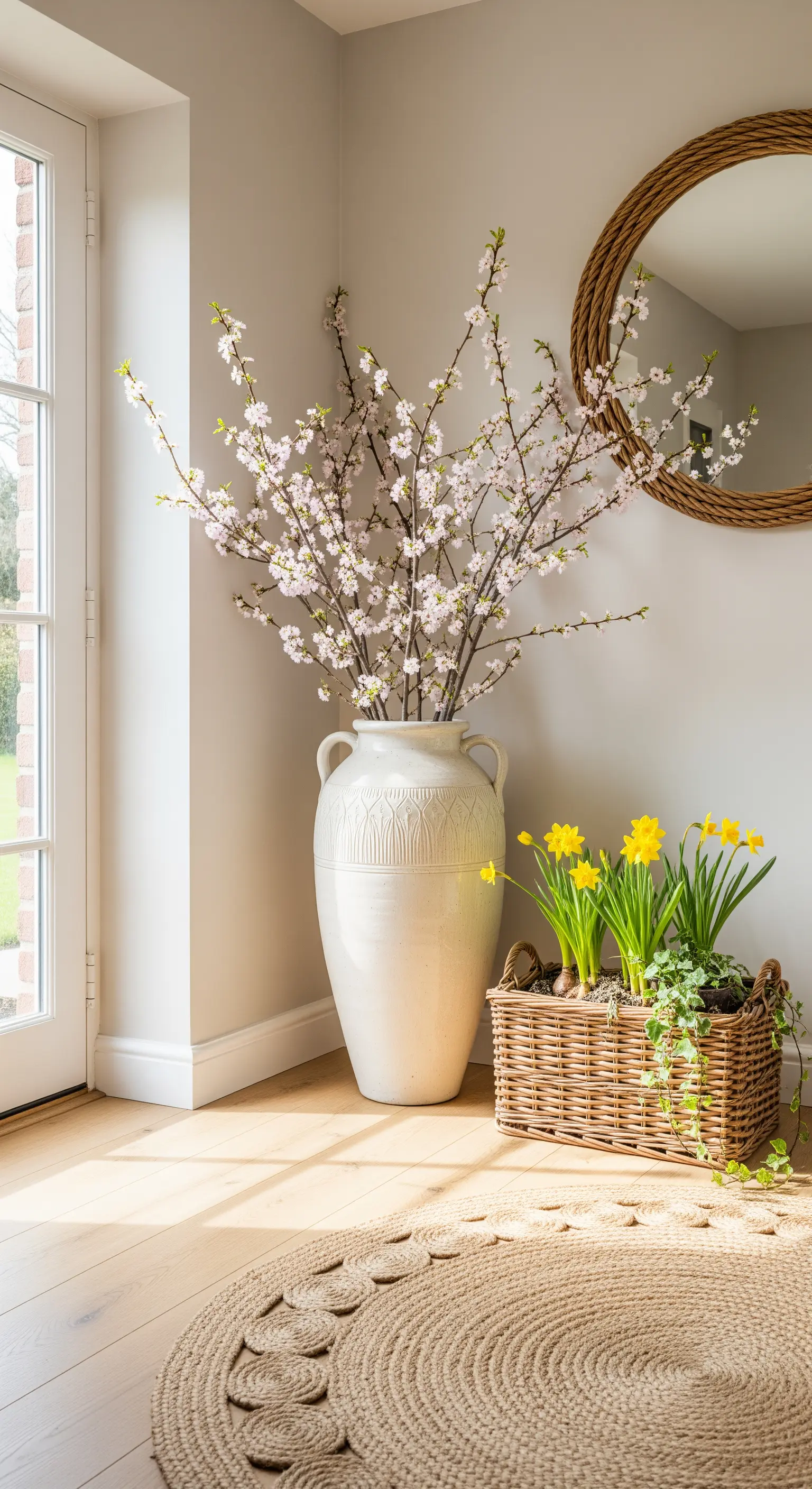 Großer Keramikkrug mit Kirschzweigen und Weidenkorb mit Narzissen