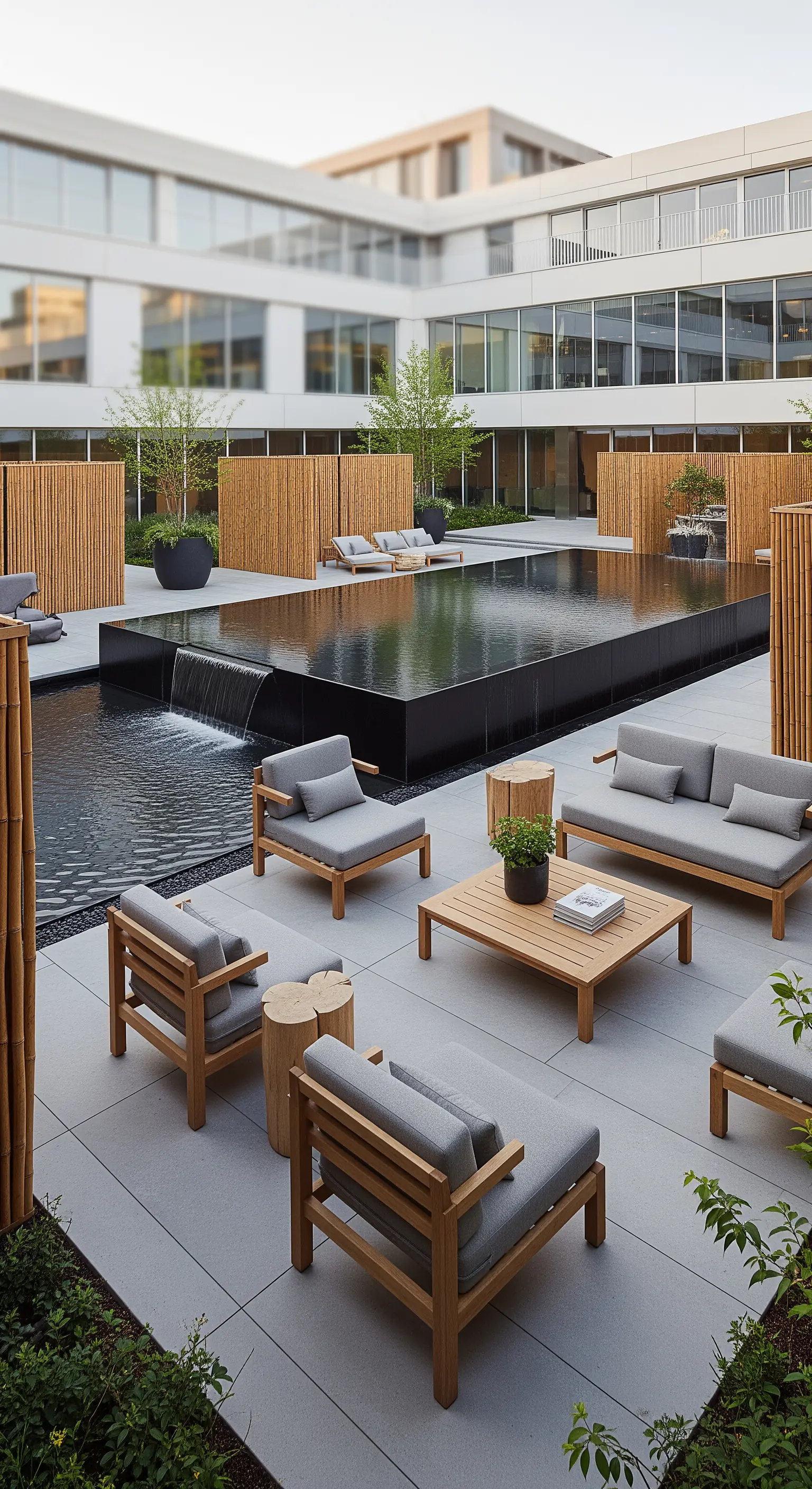 Moderner Hofgarten mit großem Wasserbecken, Loungemöbeln und Bambussichtschutz