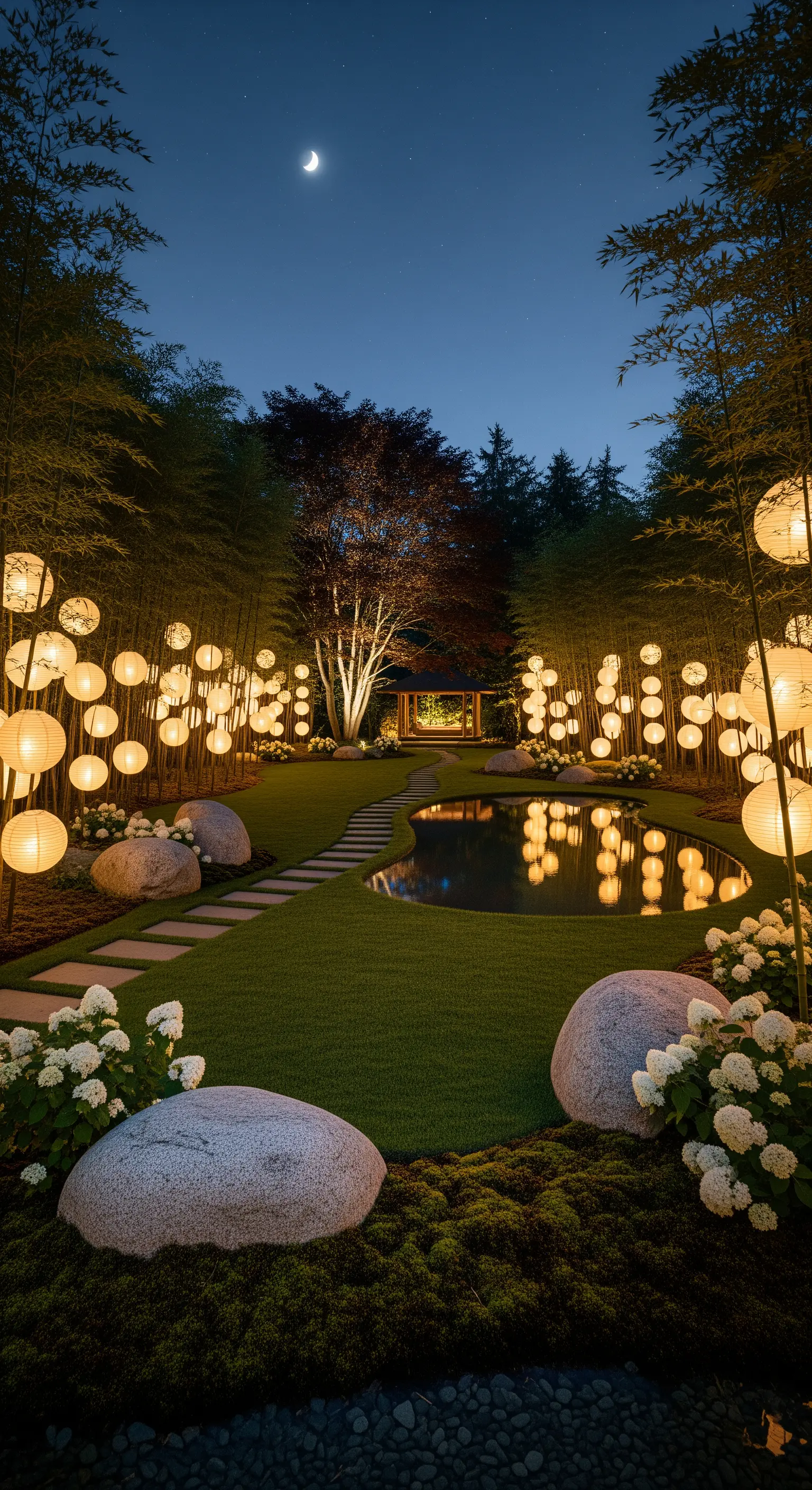Großer Japandi-Garten mit Teich, Pfaden, Bambus und vielen hängenden Papierlaternen