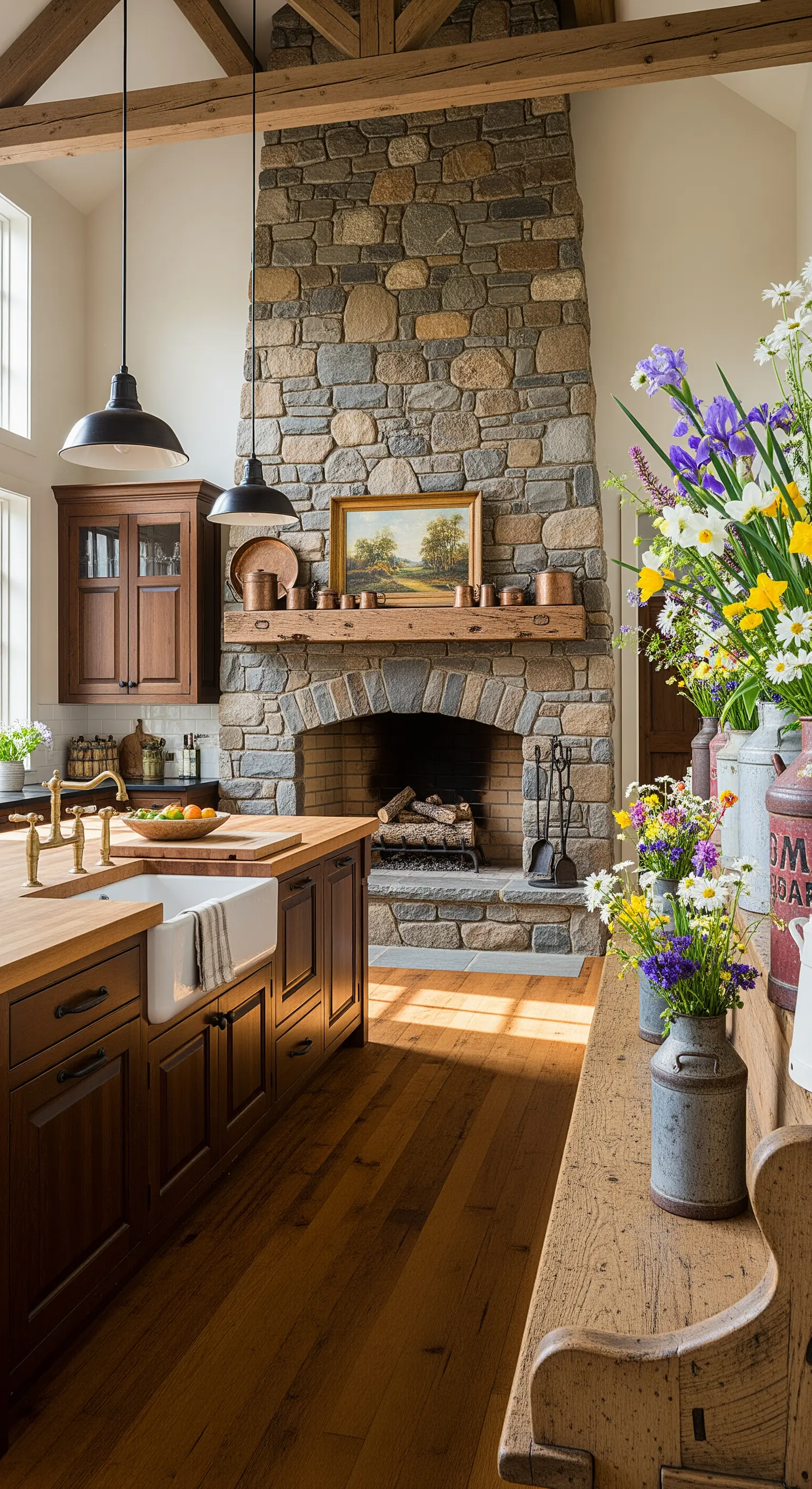 Großer Frühlingsblumenstrauß in Landhausküche mit Steinkamin