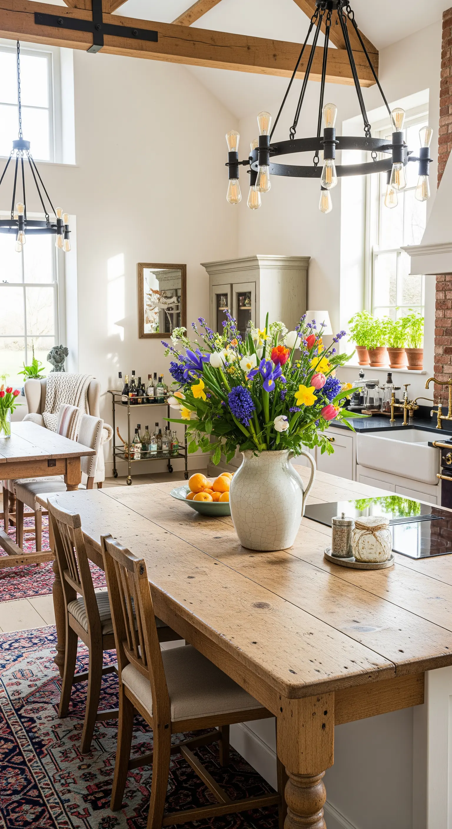 Großer Wildblumenstrauß auf rustikalem Landhaustisch in offener Küche