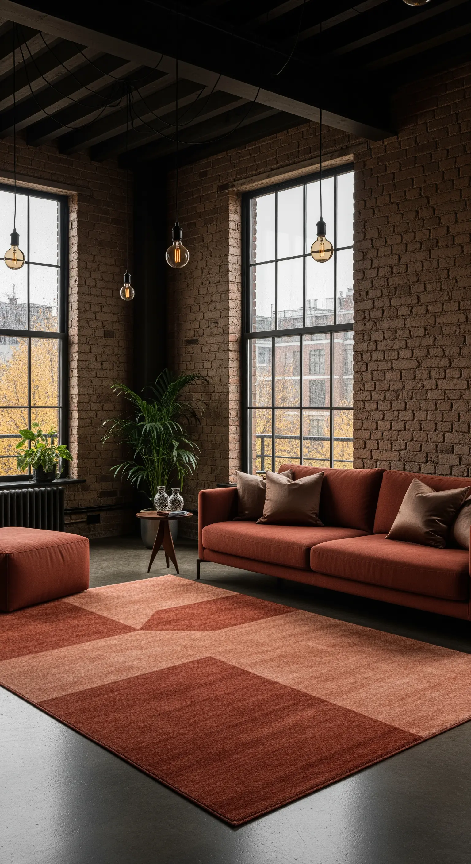 Geräumiges Wohnzimmer mit Terrakotta-Sofa, Ziegelwänden und gemustertem Teppich