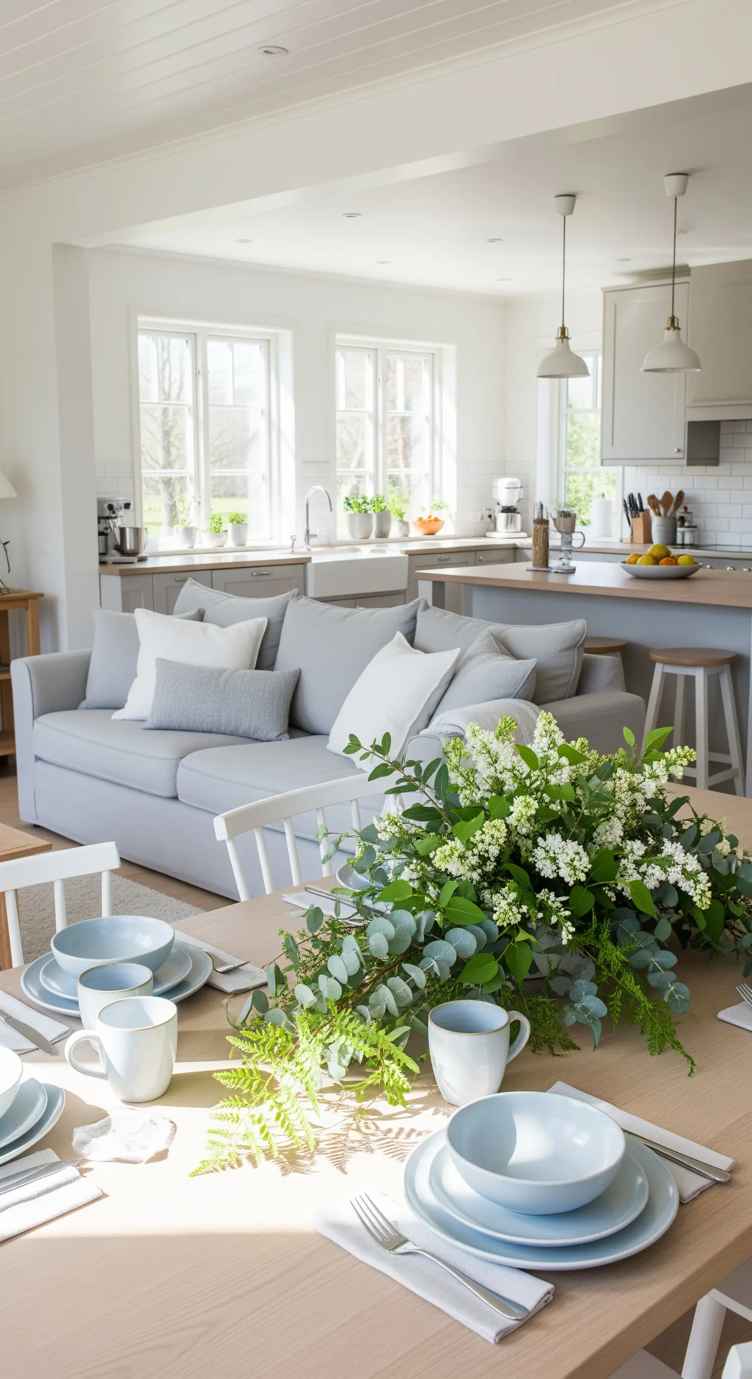 Langes Blumenarrangement mit Grün und weißen Blüten auf Esstisch mit blauem Geschirr